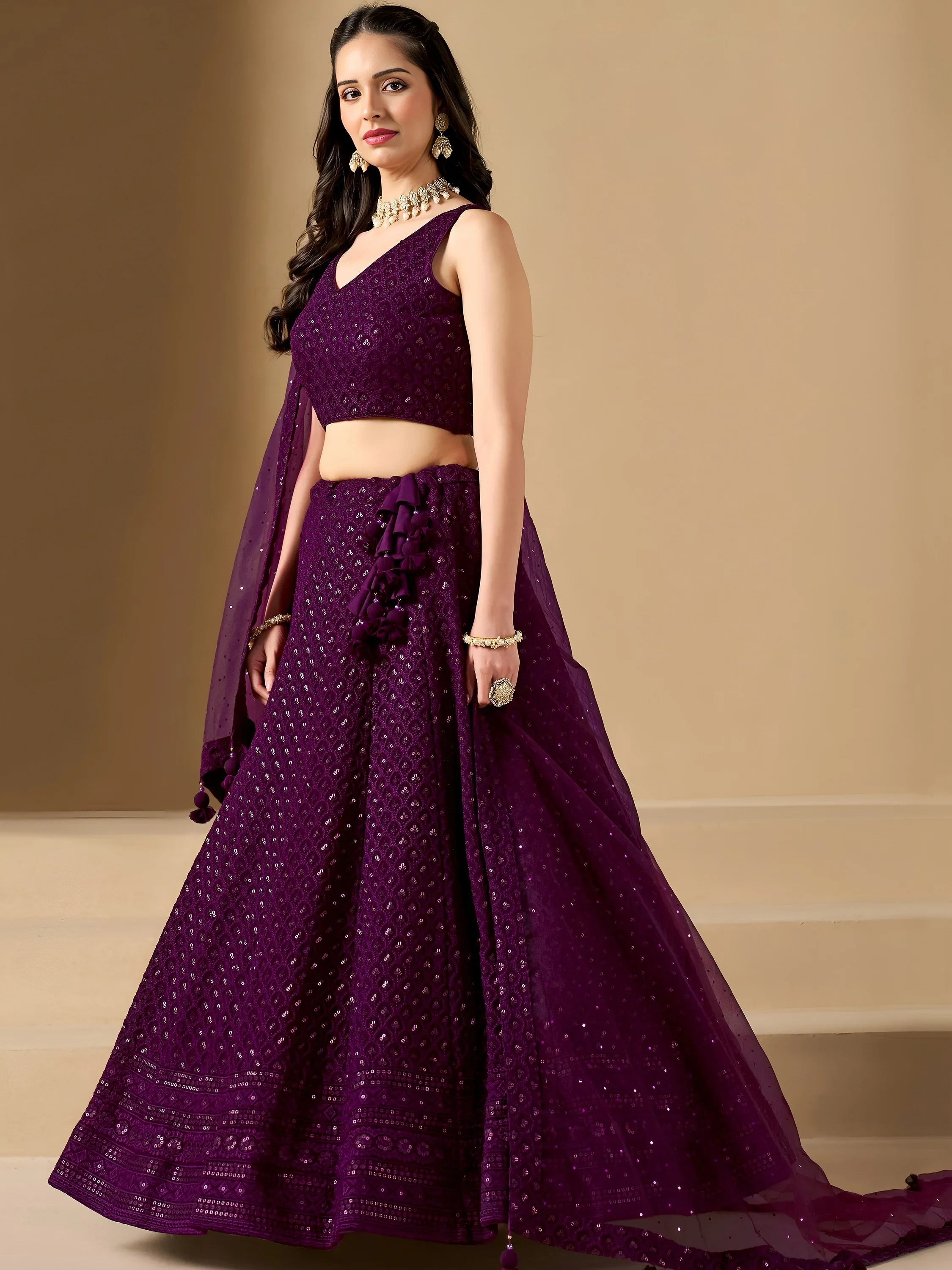 Sequins georgette lehenga choli with thread embroidery for wedding and sangeet occasions