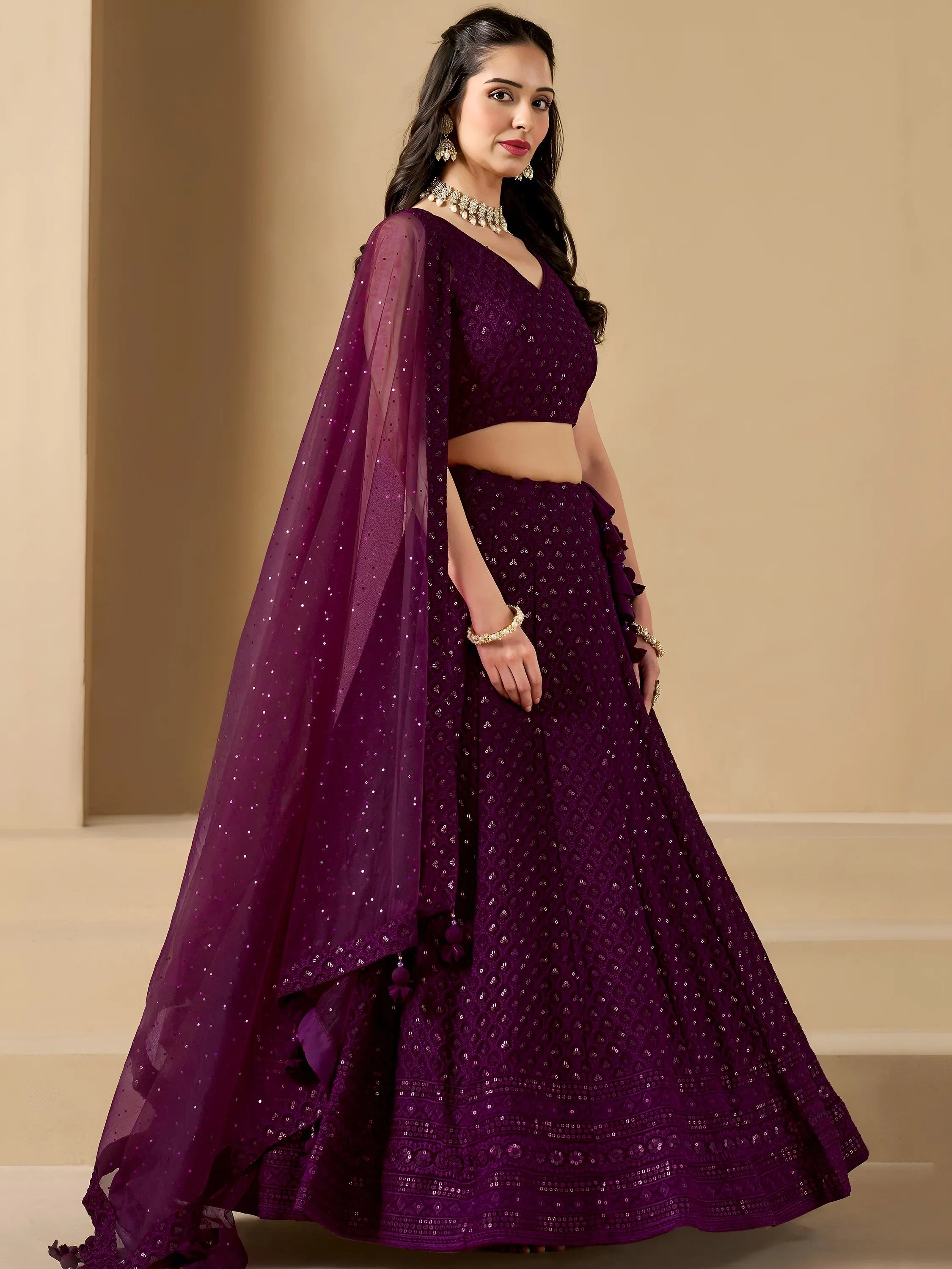 Sequins georgette lehenga choli with thread embroidery for wedding and sangeet occasions