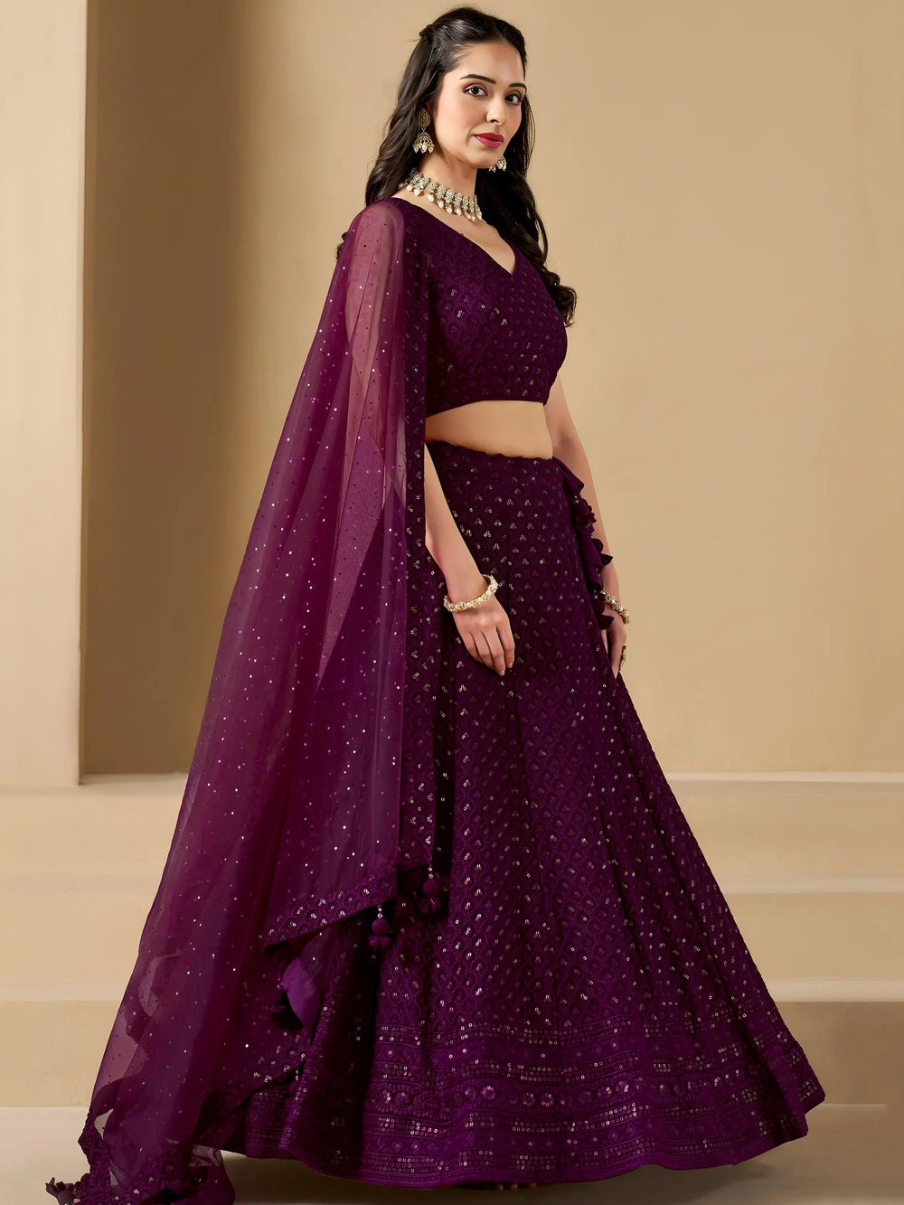 Sequins georgette lehenga choli with thread embroidery for wedding and sangeet occasions