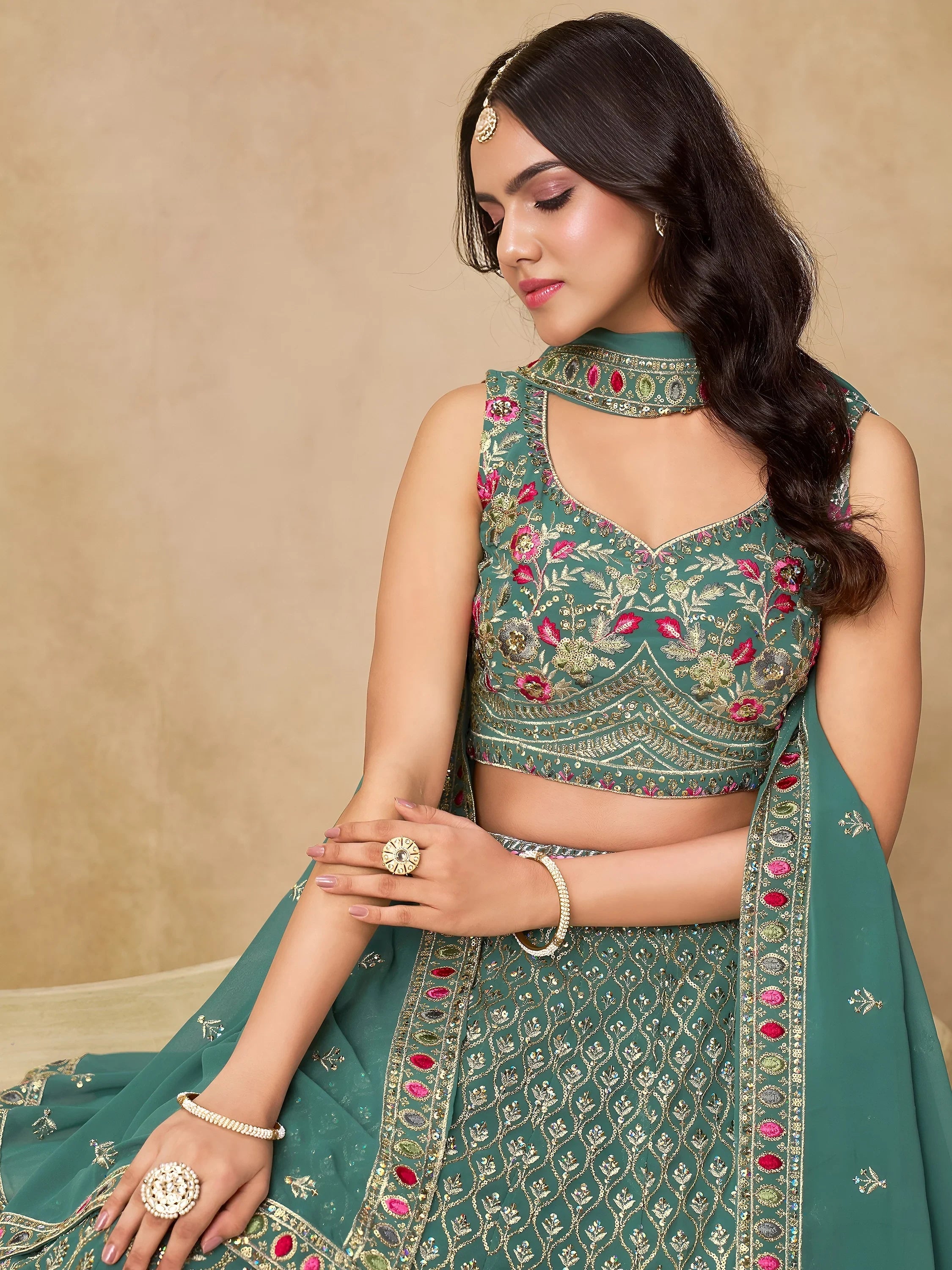 Green Timeless Zari Embroidered Georgette Mehendi Lehenga Choli for Ladies