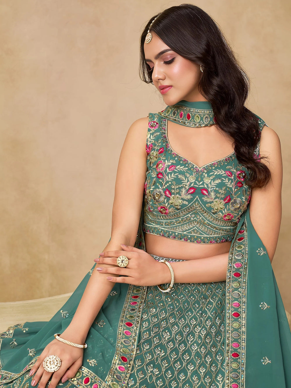 Green Timeless Zari Embroidered Georgette Mehendi Lehenga Choli for Ladies