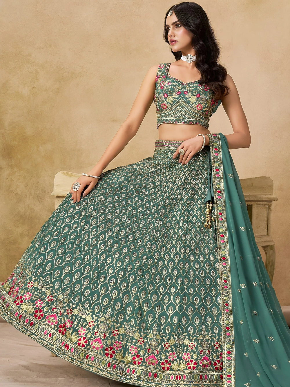 Green Timeless Zari Embroidered Georgette Mehendi Lehenga Choli for Ladies