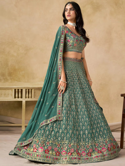 Green Timeless Zari Embroidered Georgette Mehendi Lehenga Choli for Ladies