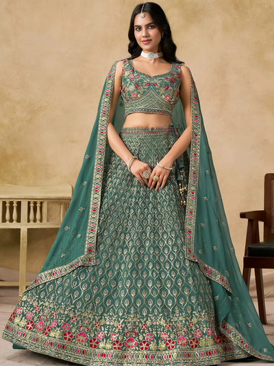 Green Timeless Zari Embroidered Georgette Mehendi Lehenga Choli for Ladies
