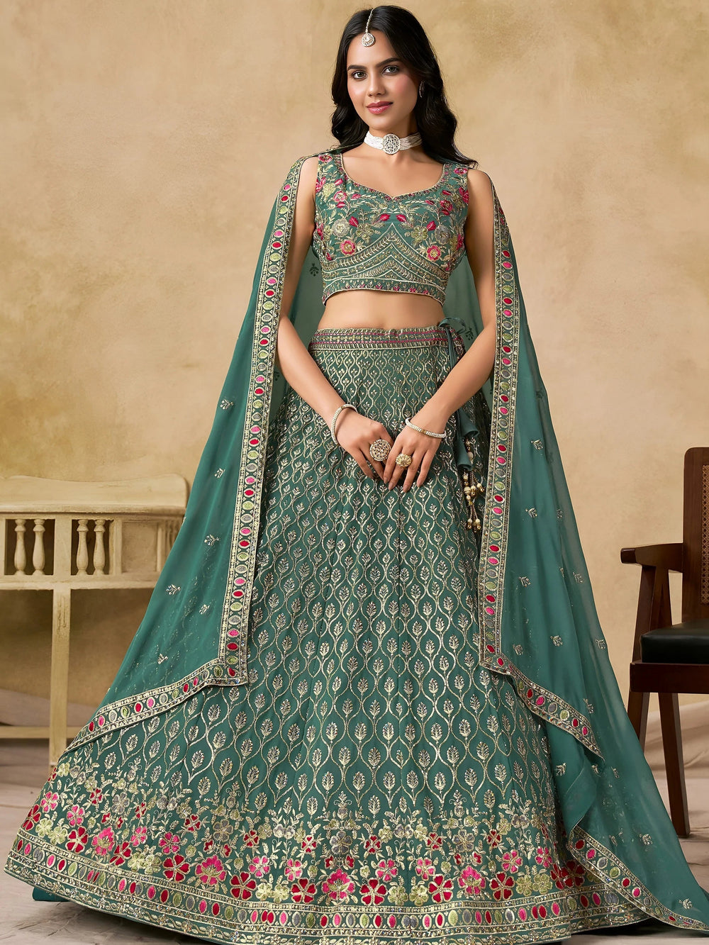 Green Timeless Zari Embroidered Georgette Mehendi Lehenga Choli for Ladies