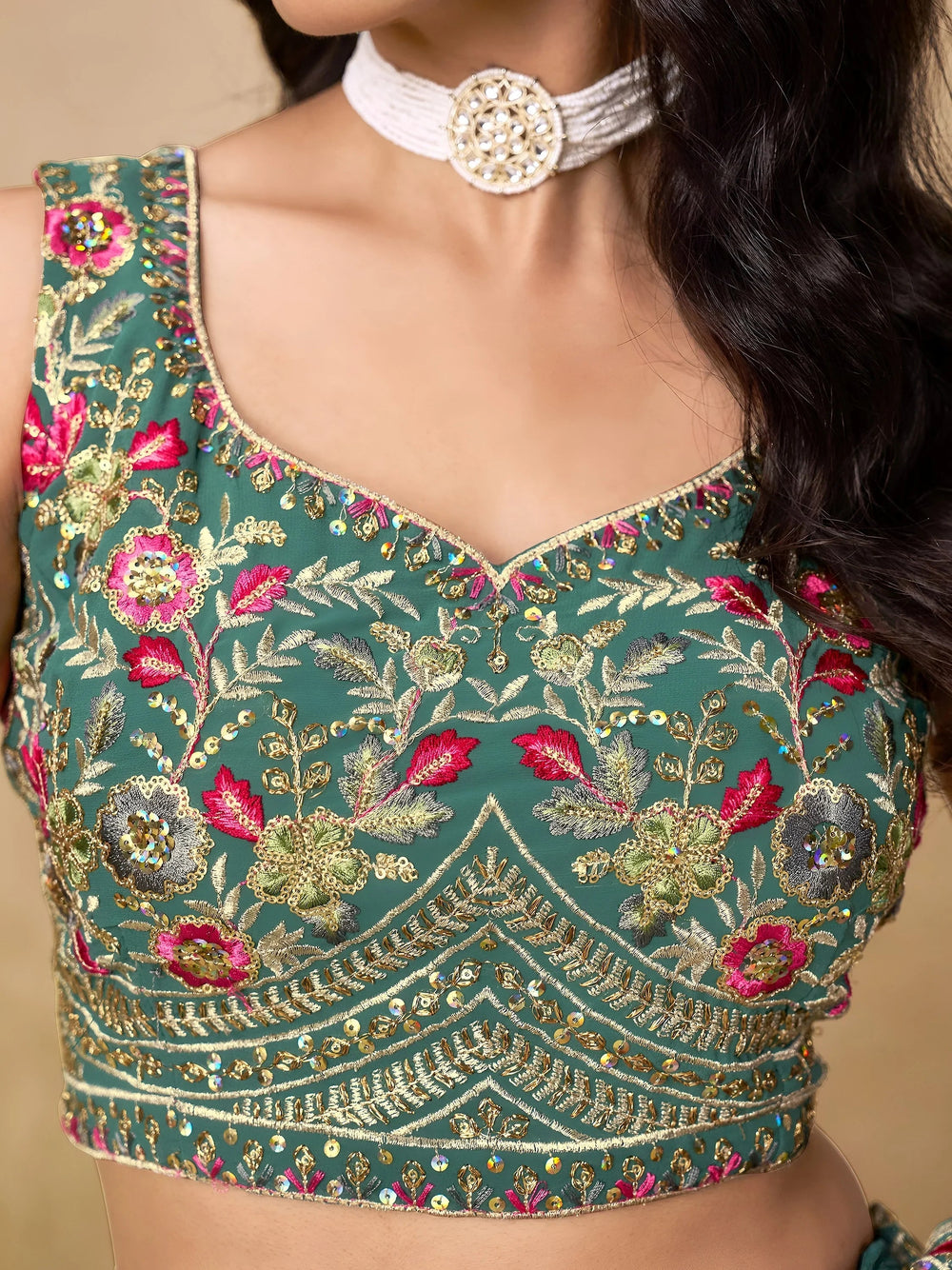 Green Timeless Zari Embroidered Georgette Mehendi Lehenga Choli for Ladies