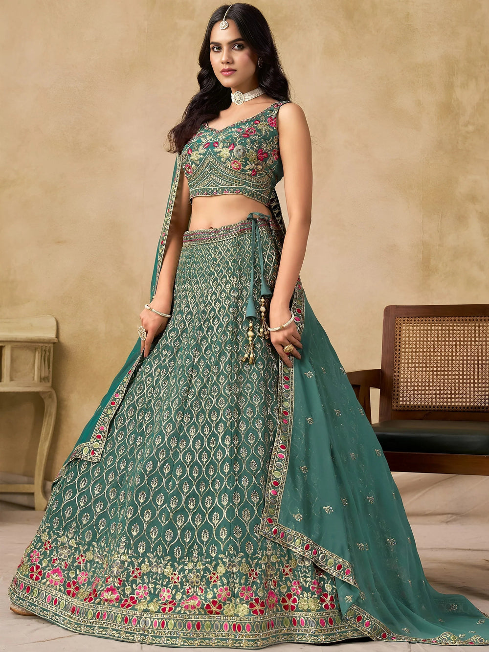 Green Timeless Zari Embroidered Georgette Mehendi Lehenga Choli for Ladies