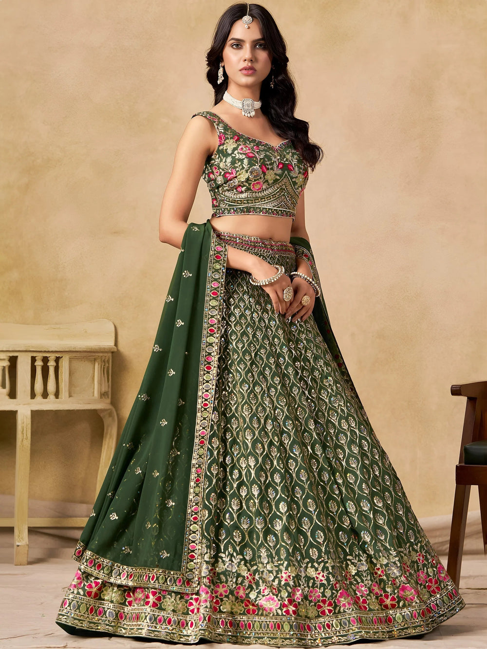 Green Timeless Zari Embroidered Georgette Mehendi Lehenga Choli for Ladies