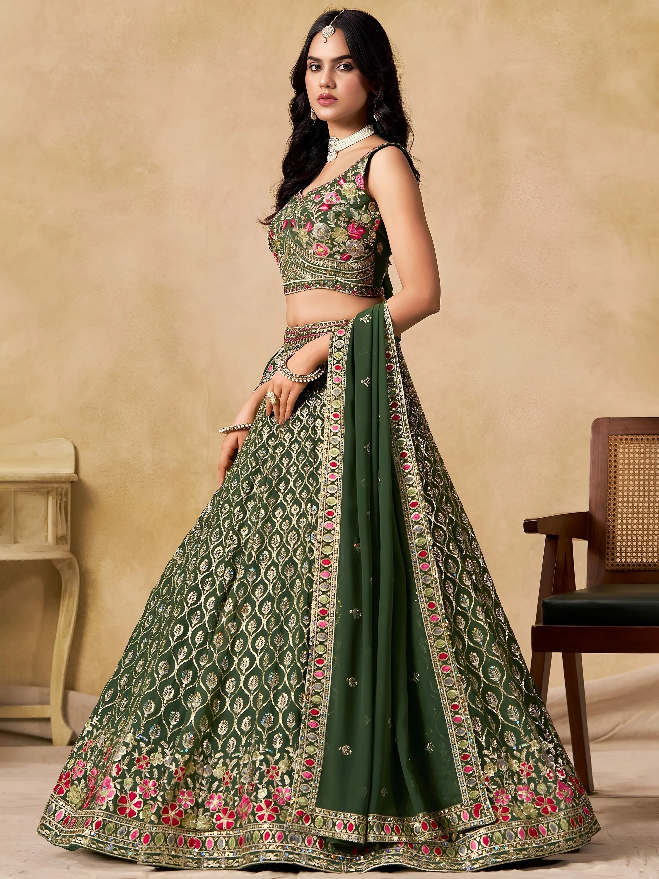Green Timeless Zari Embroidered Georgette Mehendi Lehenga Choli for Ladies