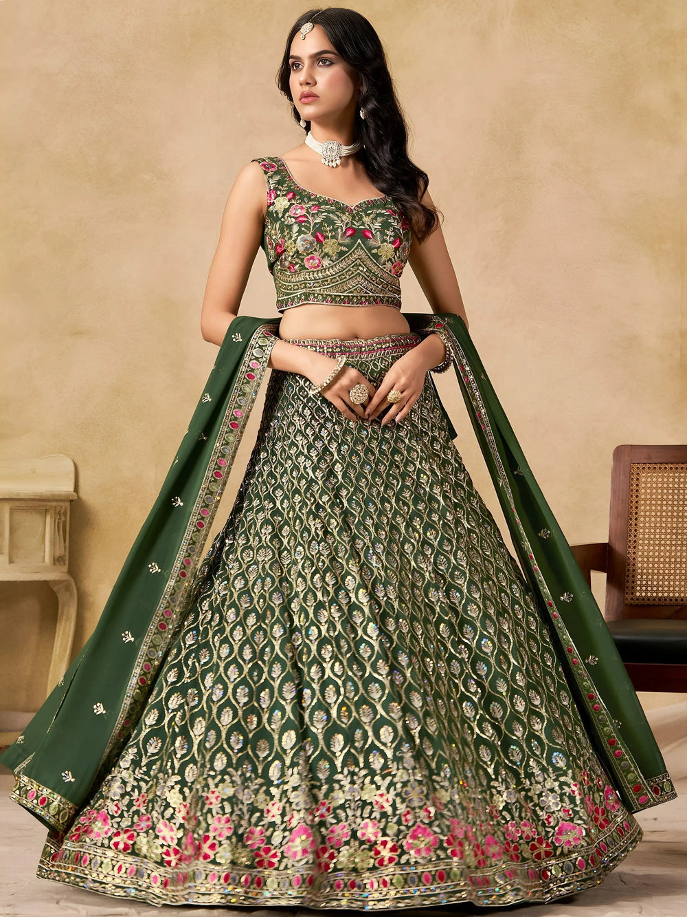 Green Timeless Zari Embroidered Georgette Mehendi Lehenga Choli for Ladies