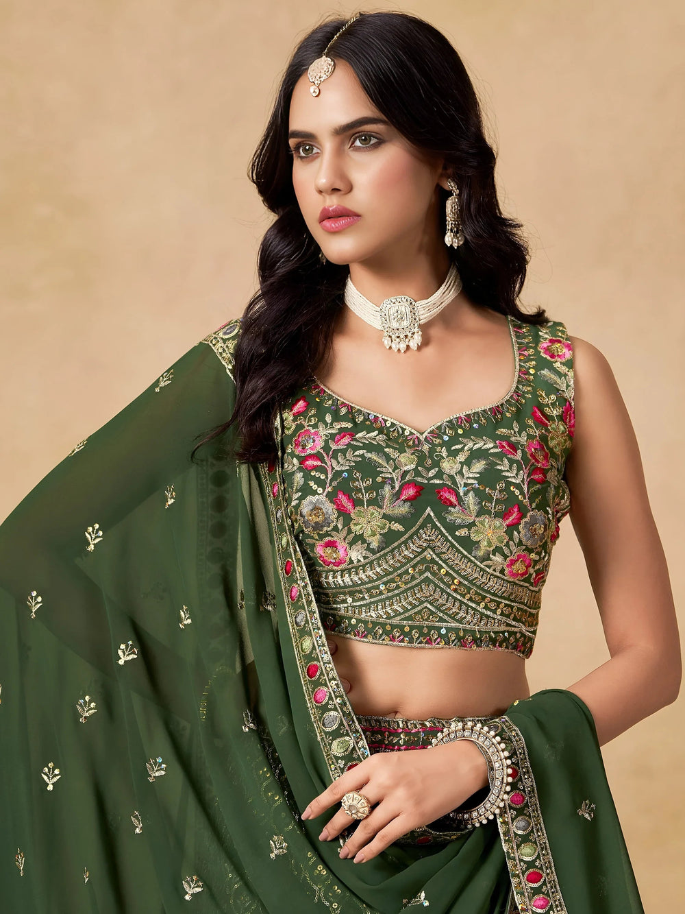 Green Timeless Zari Embroidered Georgette Mehendi Lehenga Choli for Ladies