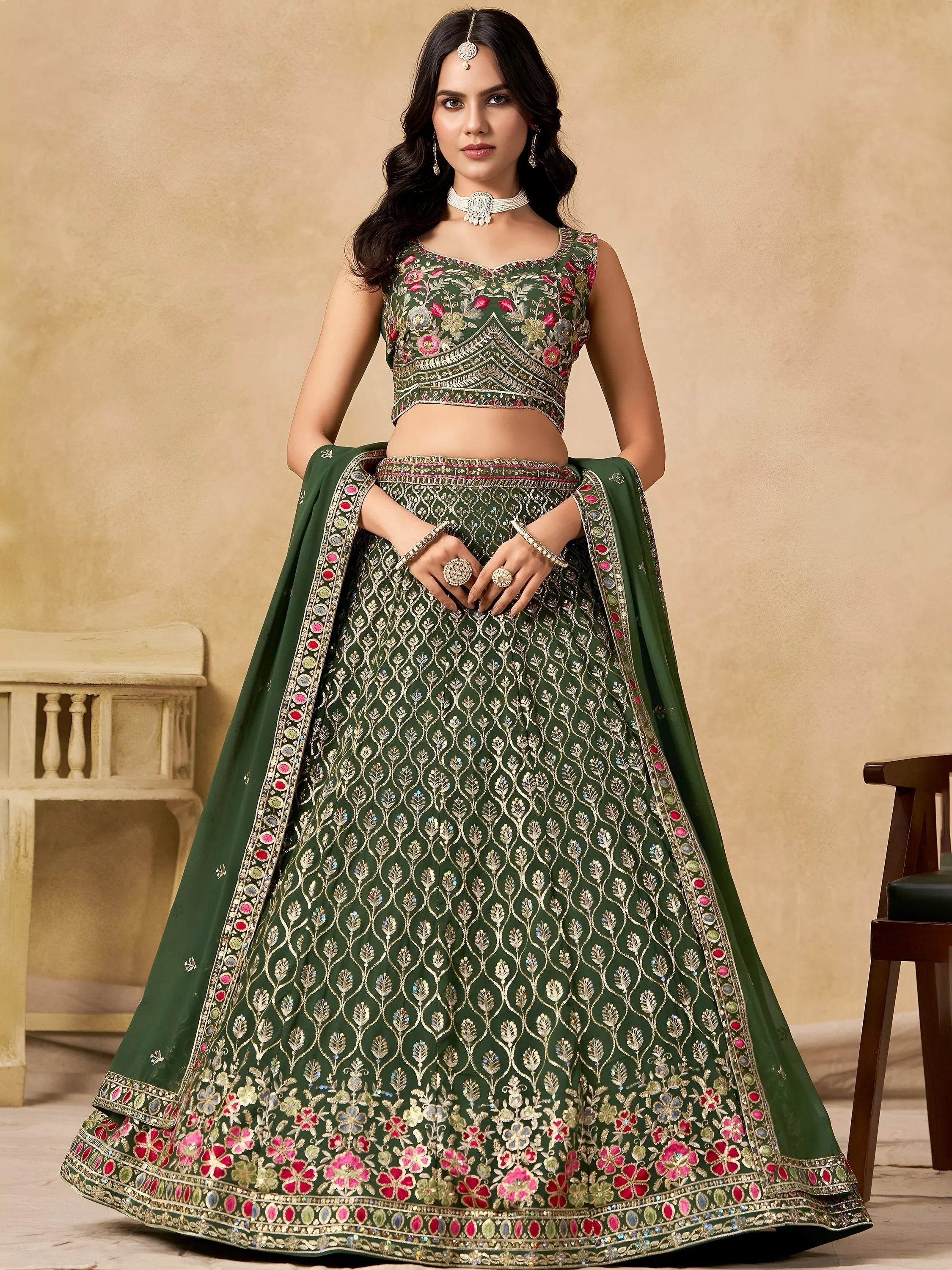 Green Timeless Zari Embroidered Georgette Mehendi Lehenga Choli for Ladies