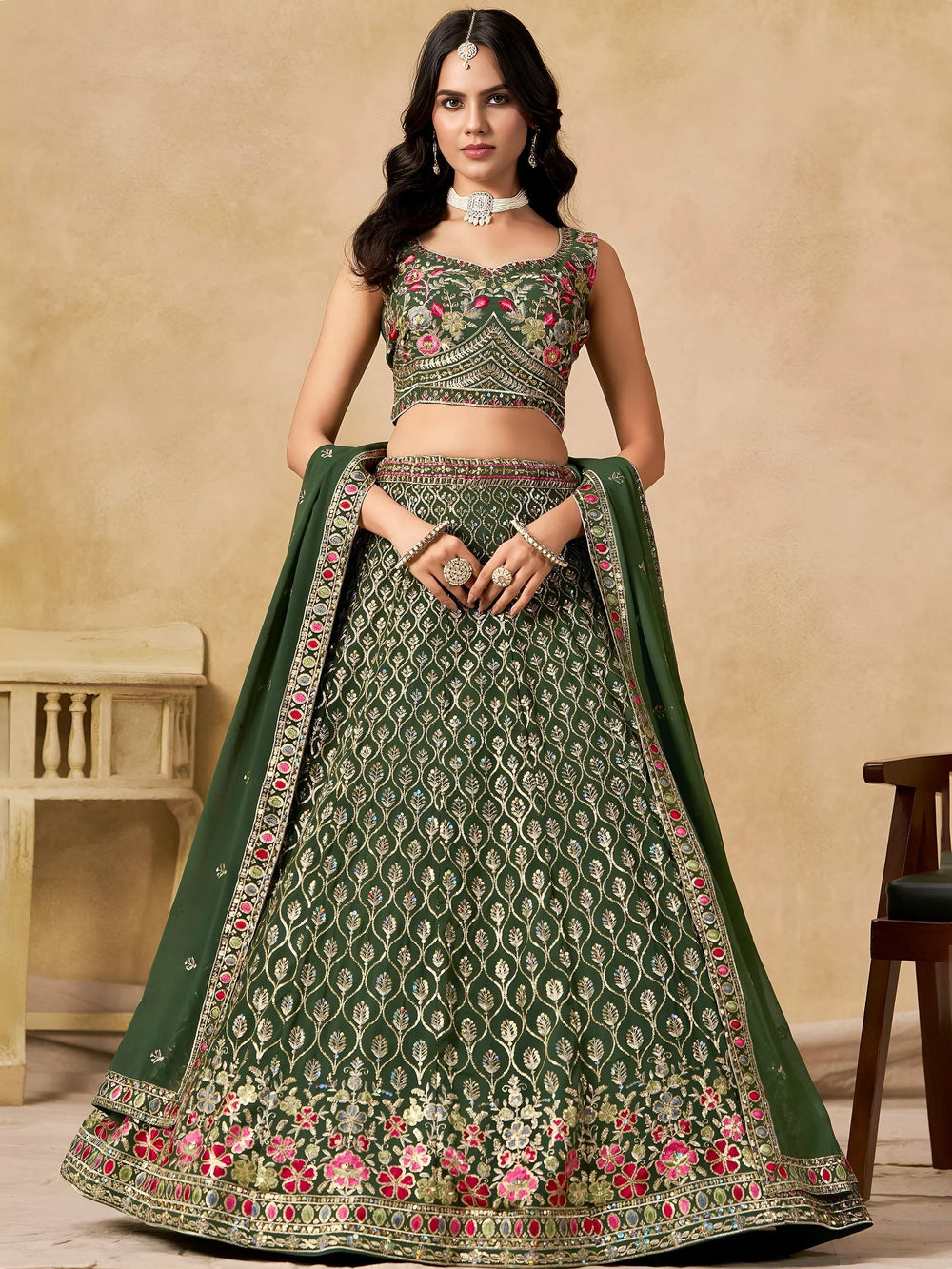 Green Timeless Zari Embroidered Georgette Mehendi Lehenga Choli for Ladies