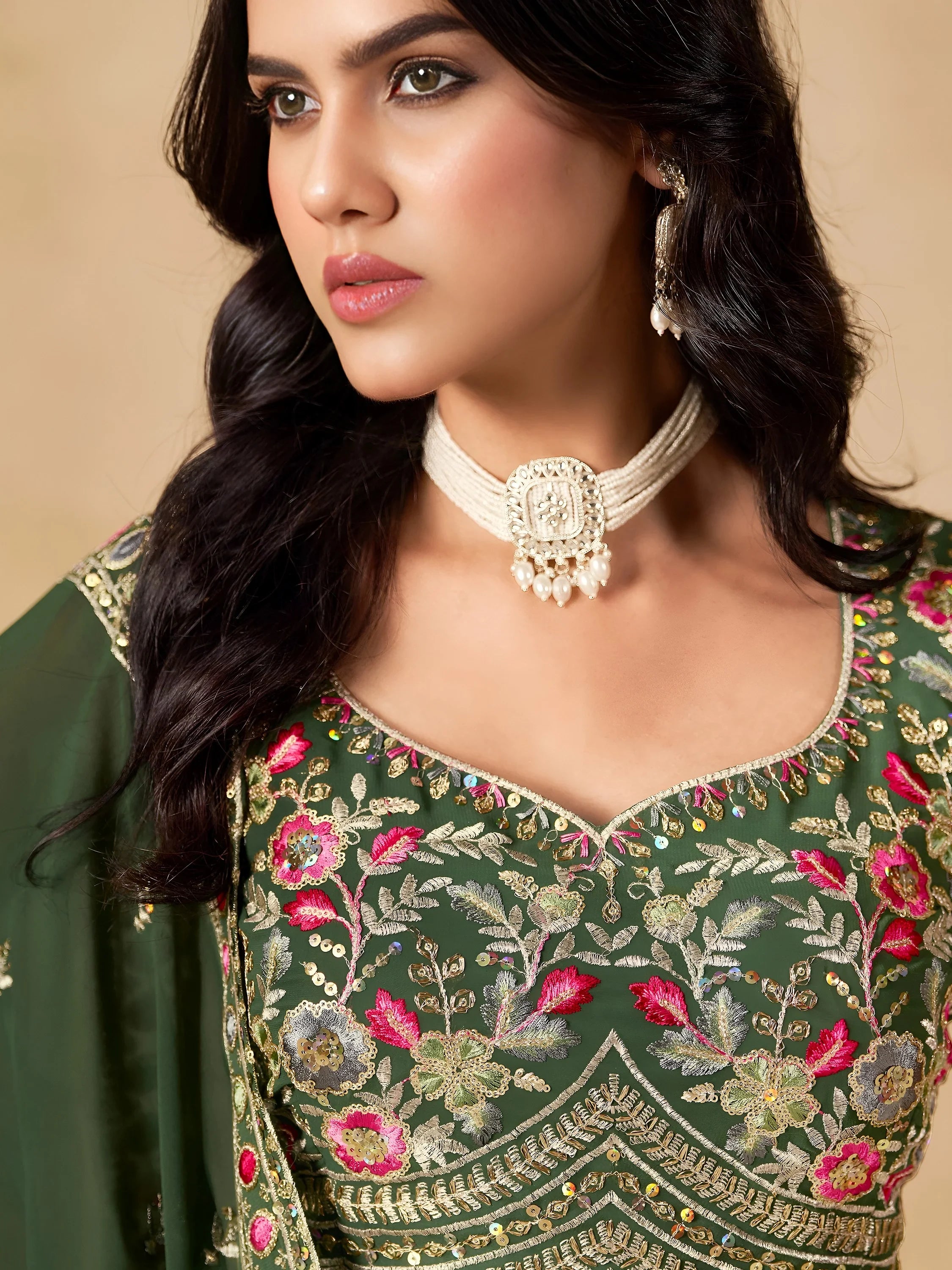 Green Timeless Zari Embroidered Georgette Mehendi Lehenga Choli for Ladies