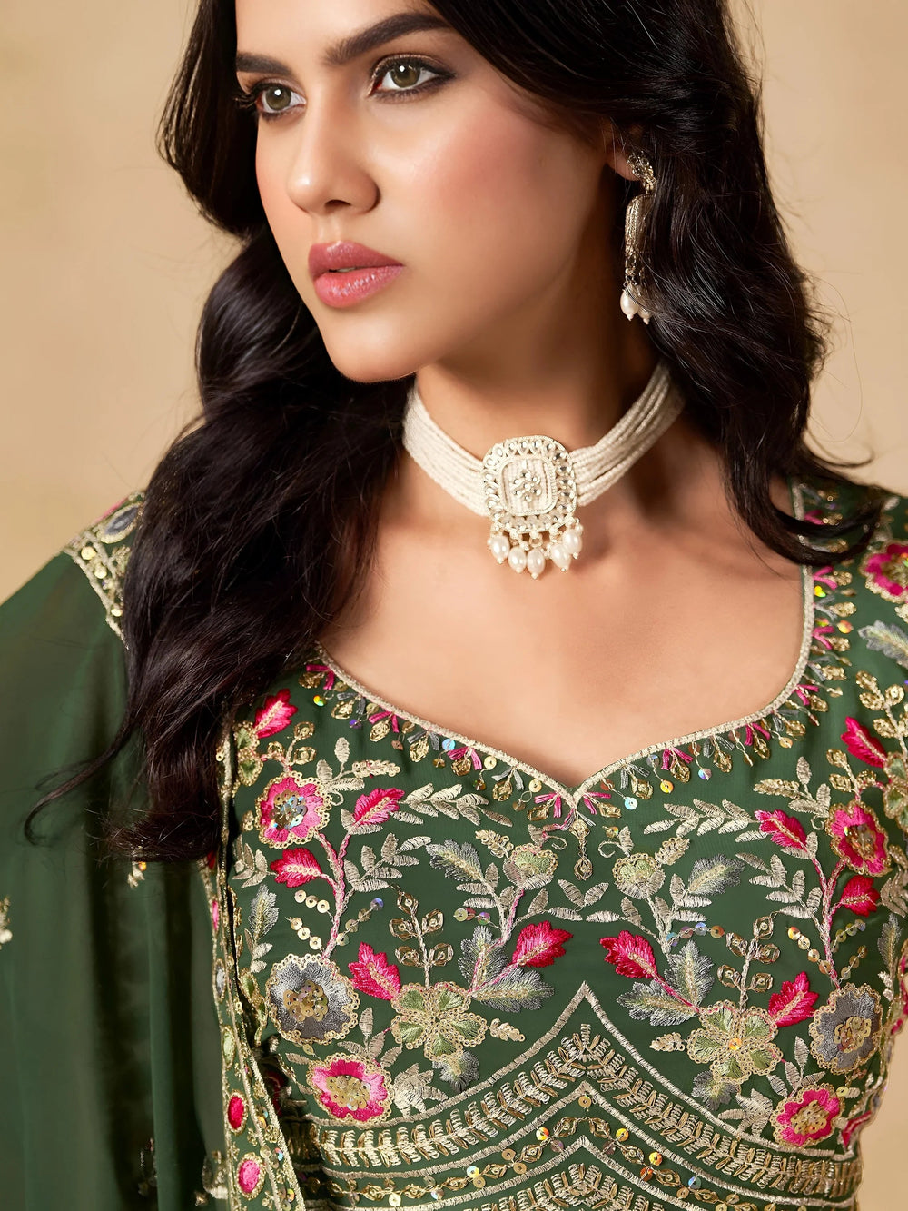 Green Timeless Zari Embroidered Georgette Mehendi Lehenga Choli for Ladies