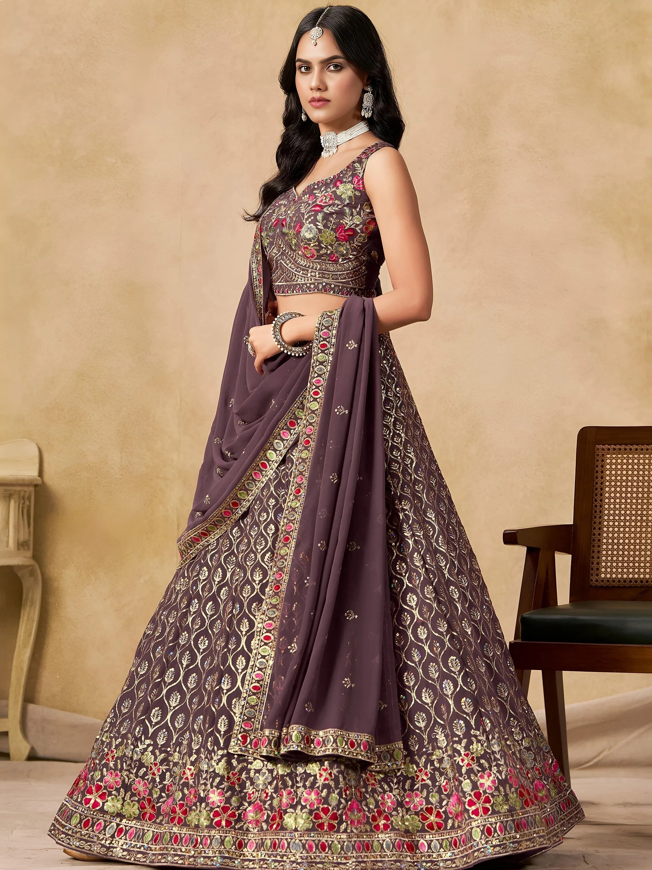 Purple Timeless Zari Embroidered Georgette Mehendi Lehenga Choli for Ladies