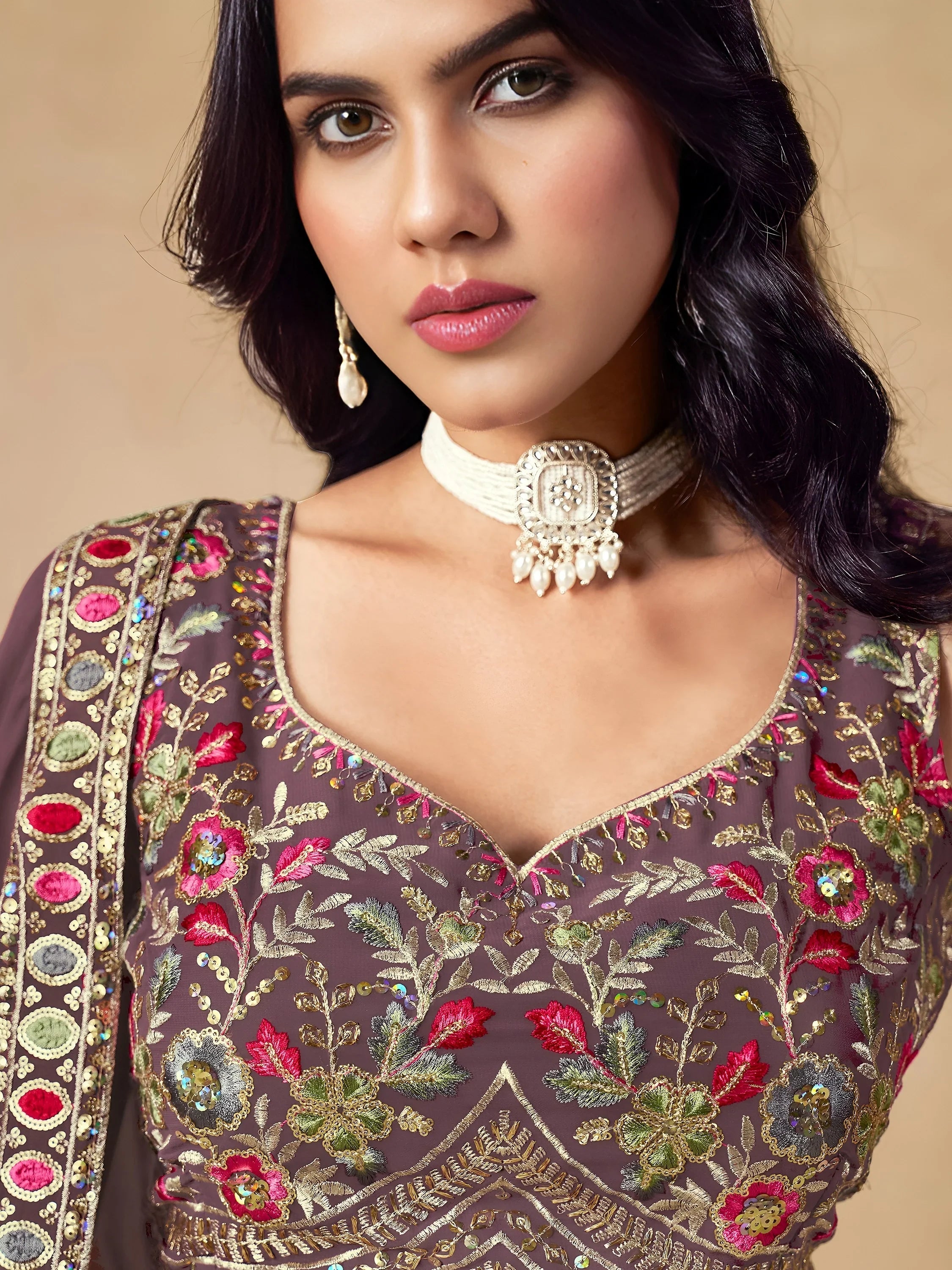 Purple Timeless Zari Embroidered Georgette Mehendi Lehenga Choli for Ladies