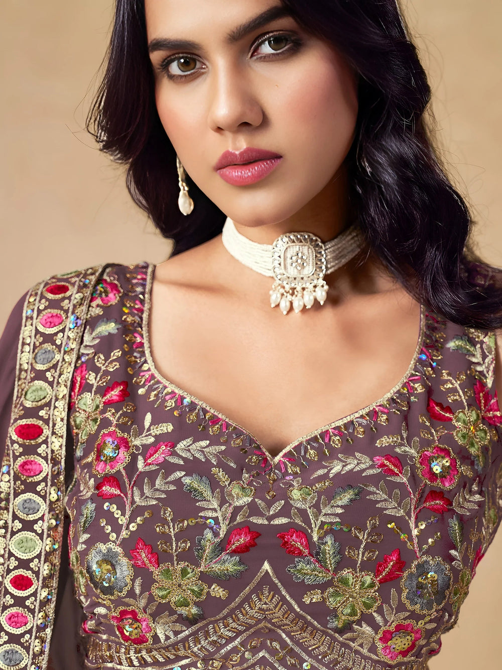 Purple Timeless Zari Embroidered Georgette Mehendi Lehenga Choli for Ladies