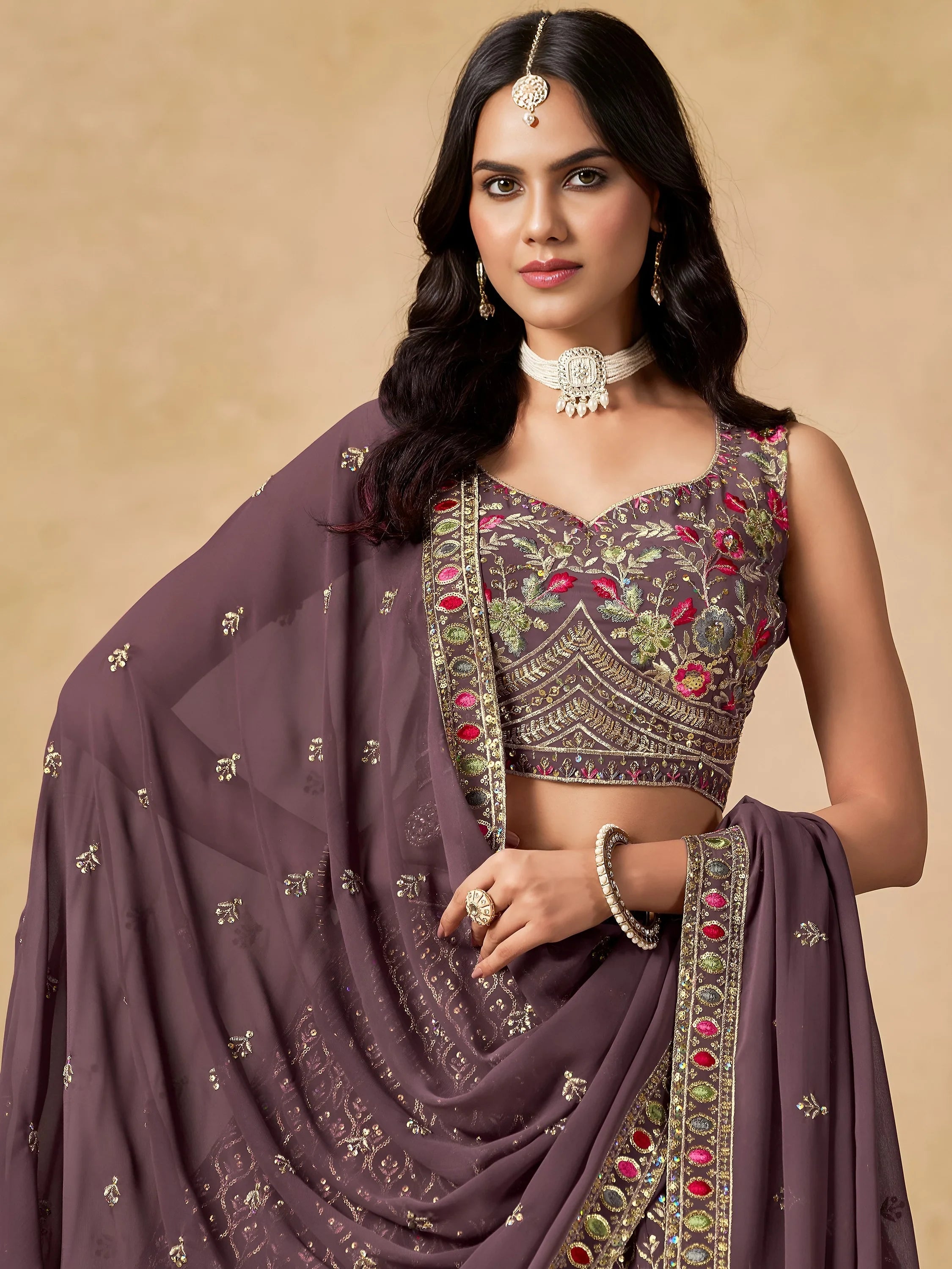Purple Timeless Zari Embroidered Georgette Mehendi Lehenga Choli for Ladies