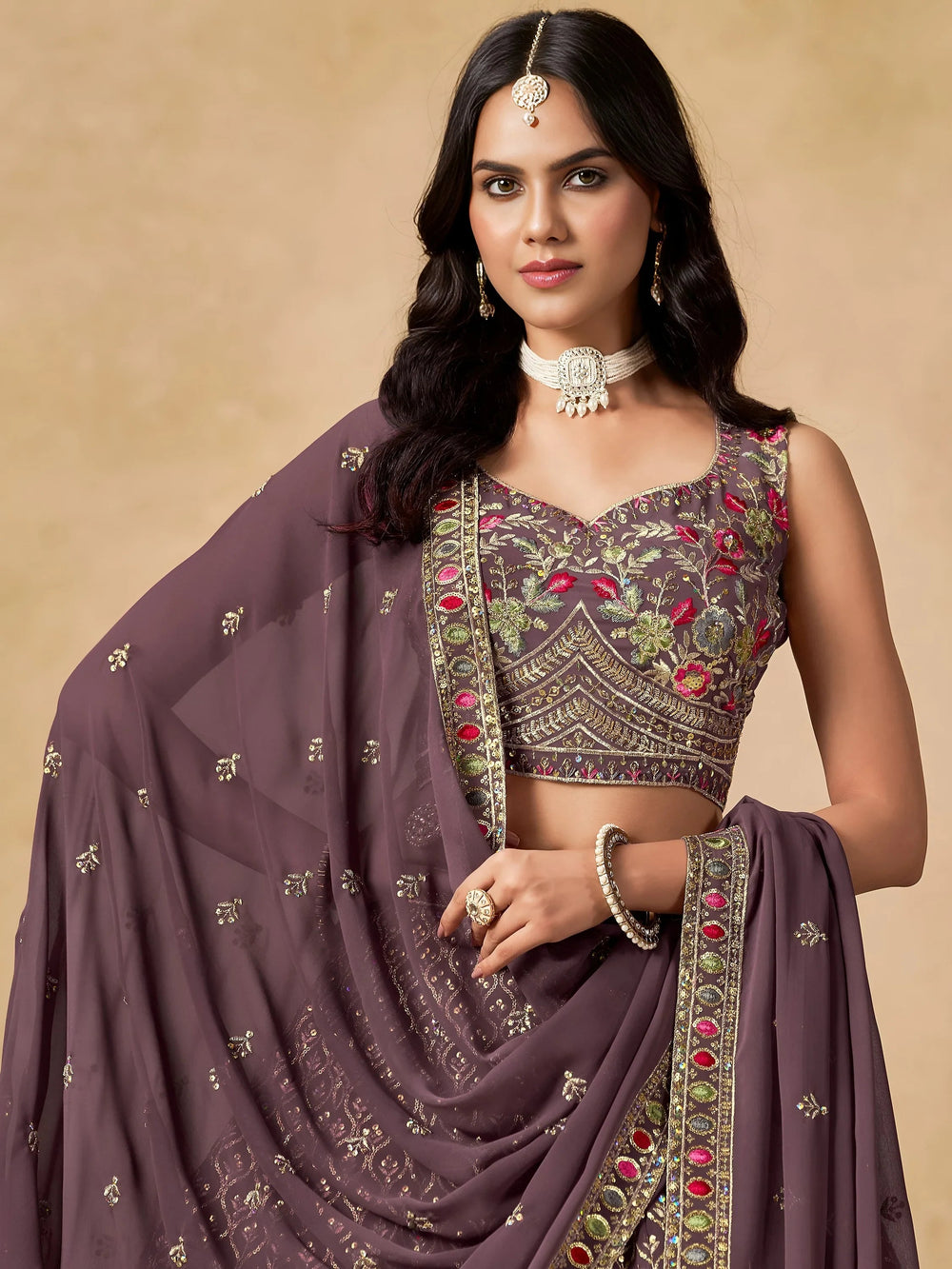 Purple Timeless Zari Embroidered Georgette Mehendi Lehenga Choli for Ladies