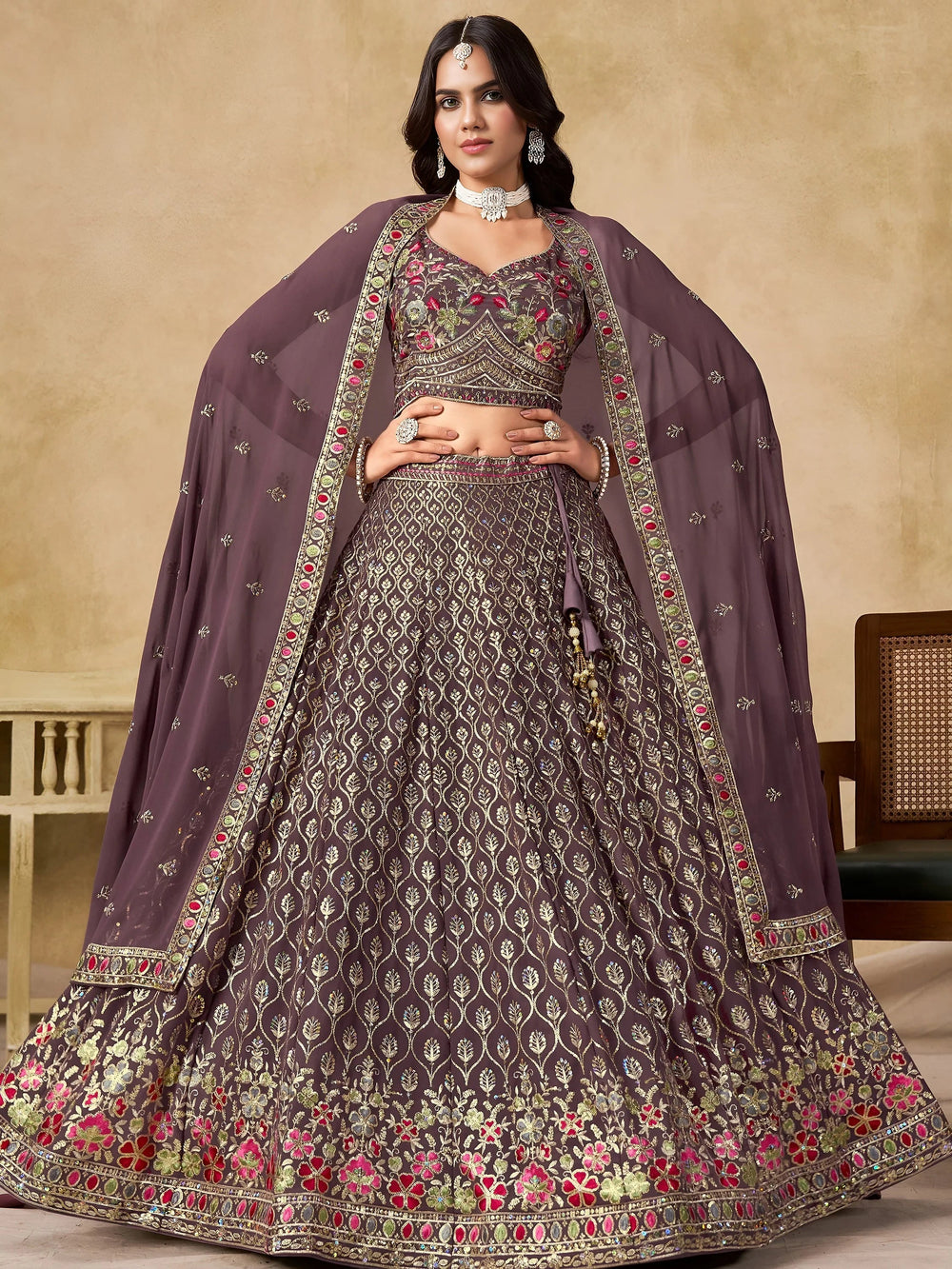 Purple Timeless Zari Embroidered Georgette Mehendi Lehenga Choli for Ladies