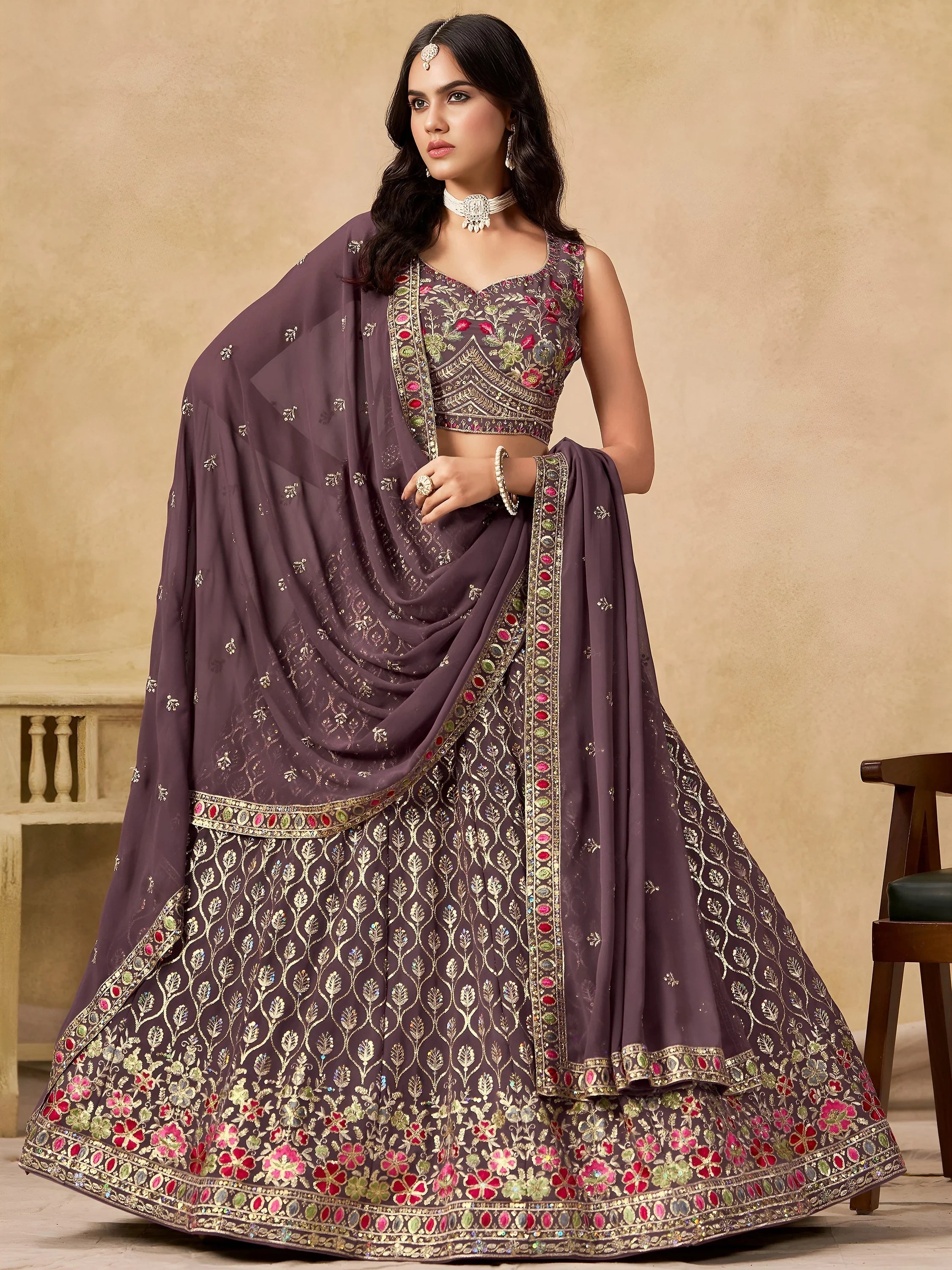 Purple Timeless Zari Embroidered Georgette Mehendi Lehenga Choli for Ladies