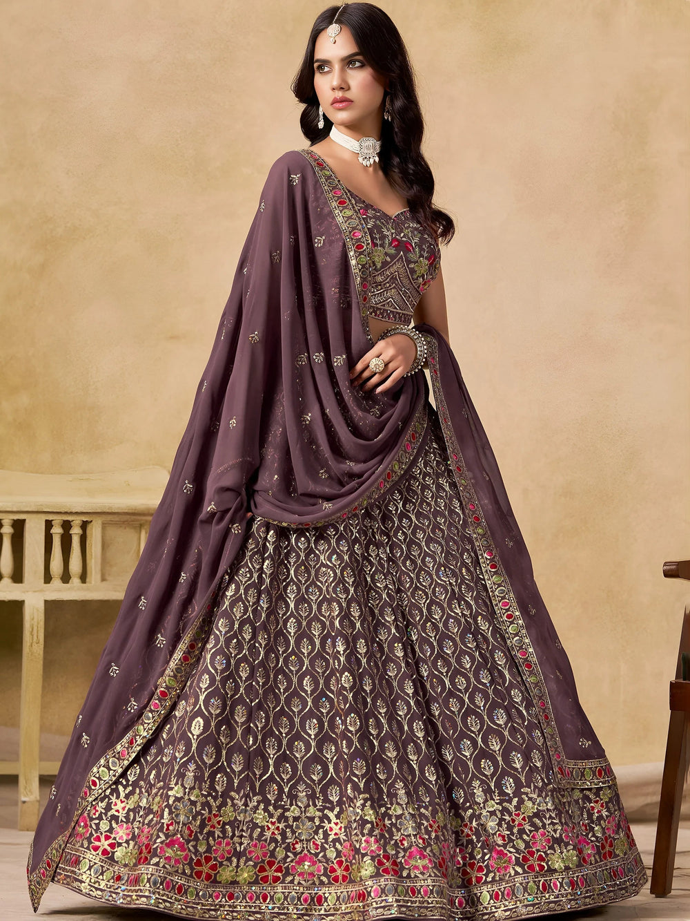 Purple Timeless Zari Embroidered Georgette Mehendi Lehenga Choli for Ladies