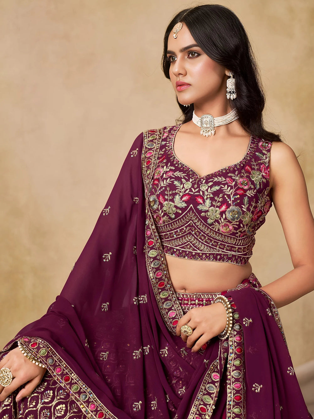 Maroon Timeless Zari Embroidered Georgette Mehendi Lehenga Choli for Ladies