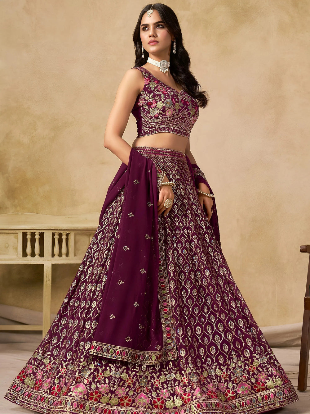 Maroon Timeless Zari Embroidered Georgette Mehendi Lehenga Choli for Ladies