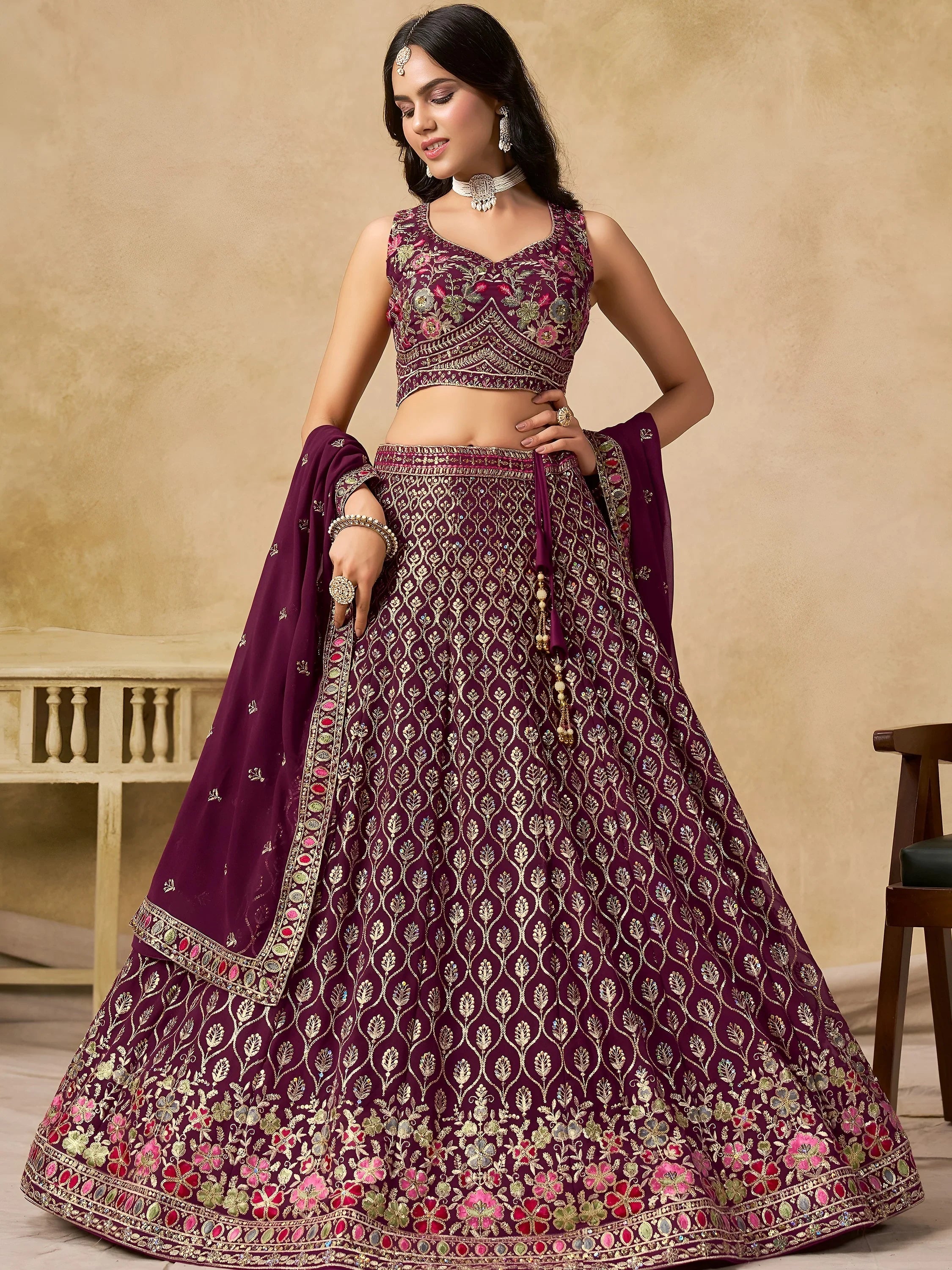 Maroon Timeless Zari Embroidered Georgette Mehendi Lehenga Choli for Ladies