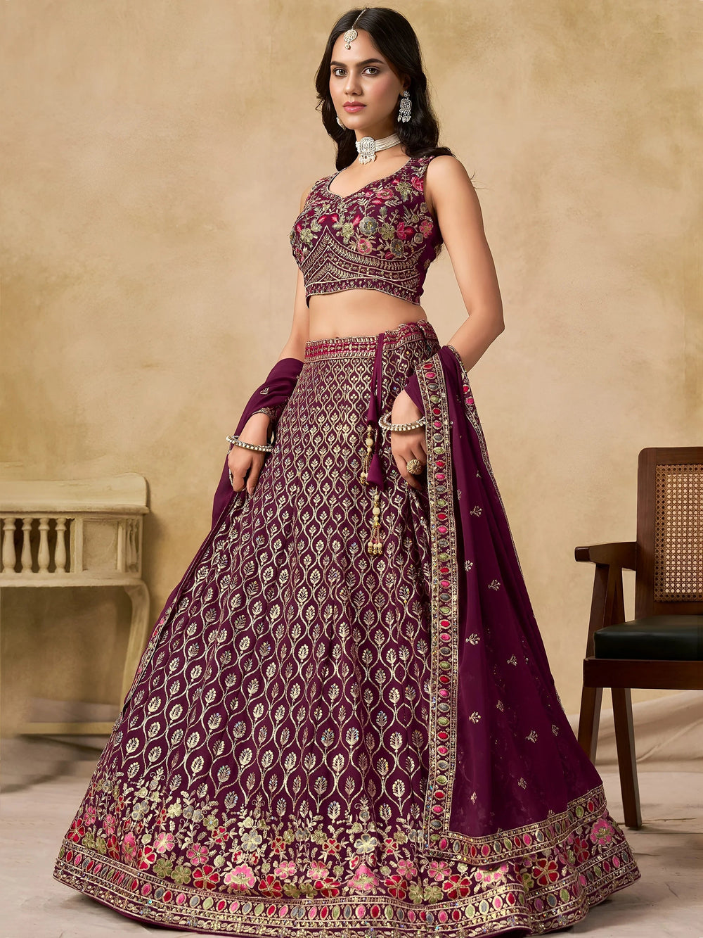 Maroon Timeless Zari Embroidered Georgette Mehendi Lehenga Choli for Ladies
