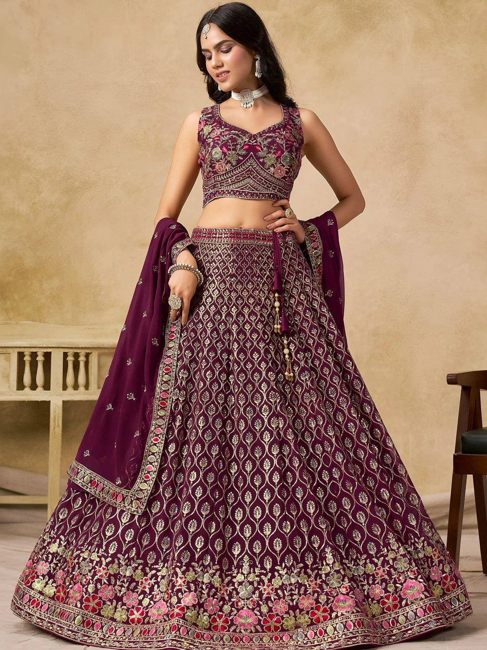 Maroon Timeless Zari Embroidered Georgette Mehendi Lehenga Choli for Ladies