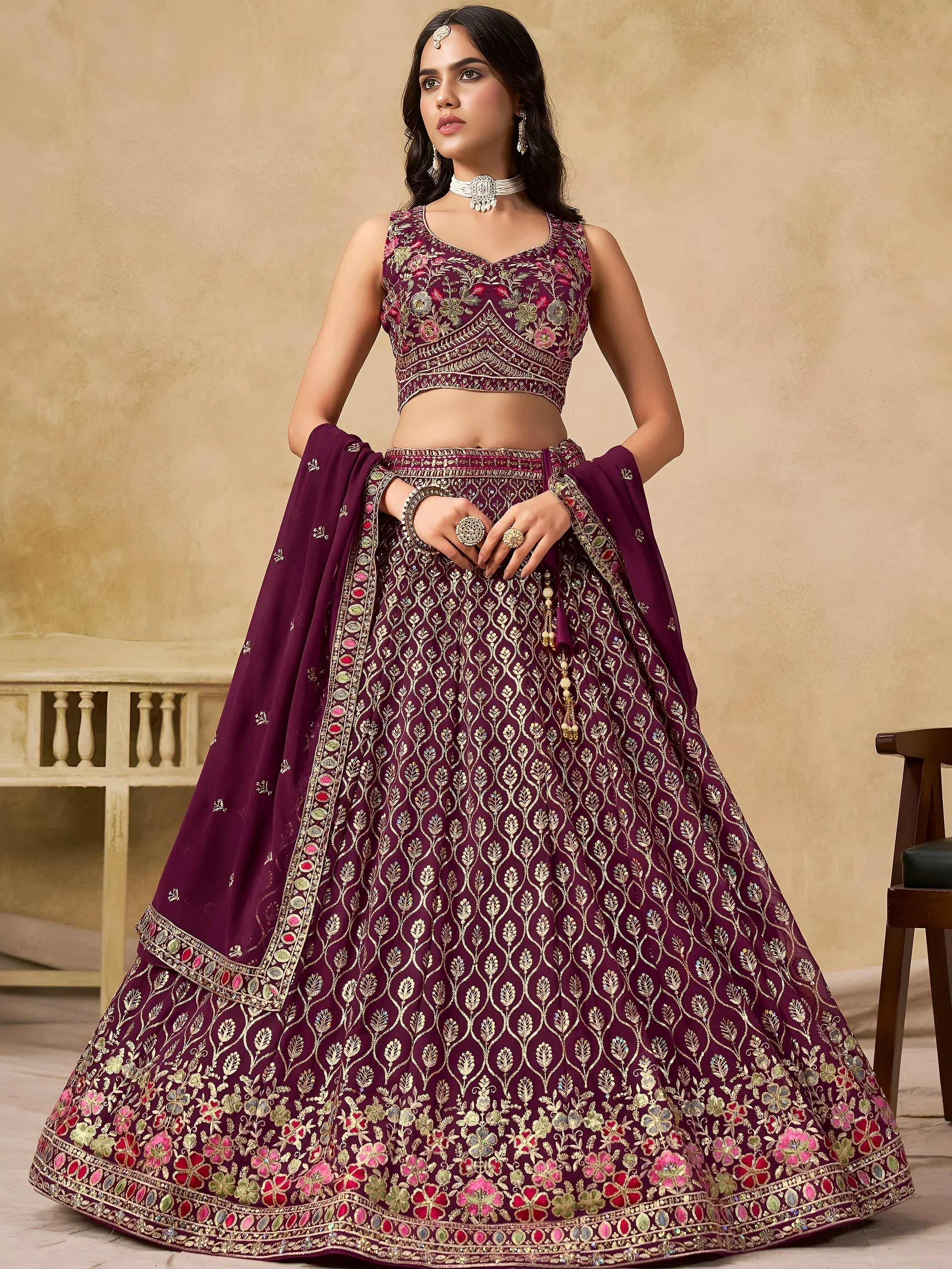Maroon Timeless Zari Embroidered Georgette Mehendi Lehenga Choli for Ladies
