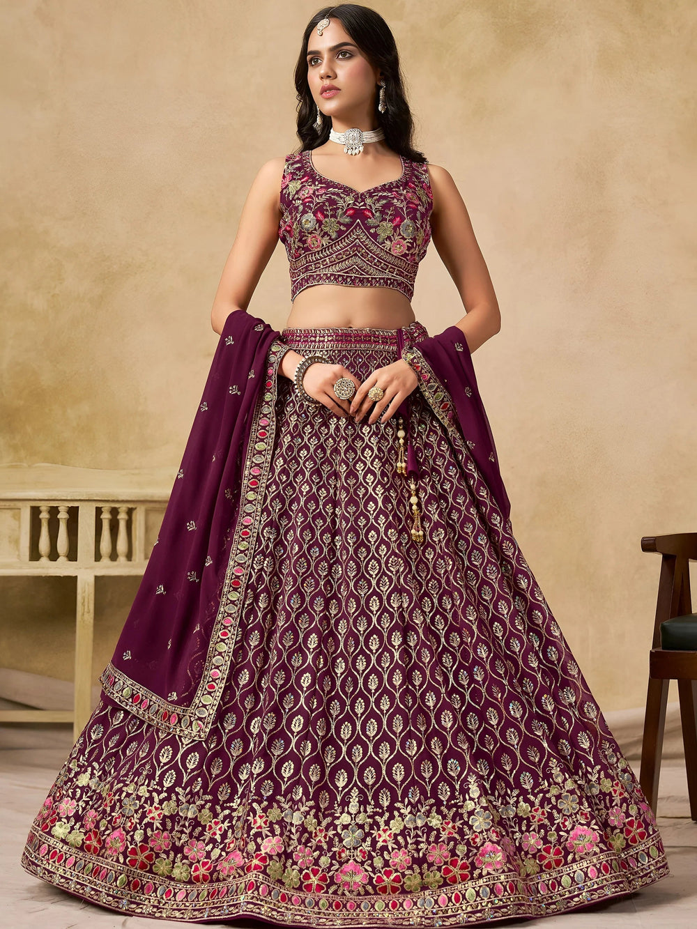 Maroon Timeless Zari Embroidered Georgette Mehendi Lehenga Choli for Ladies