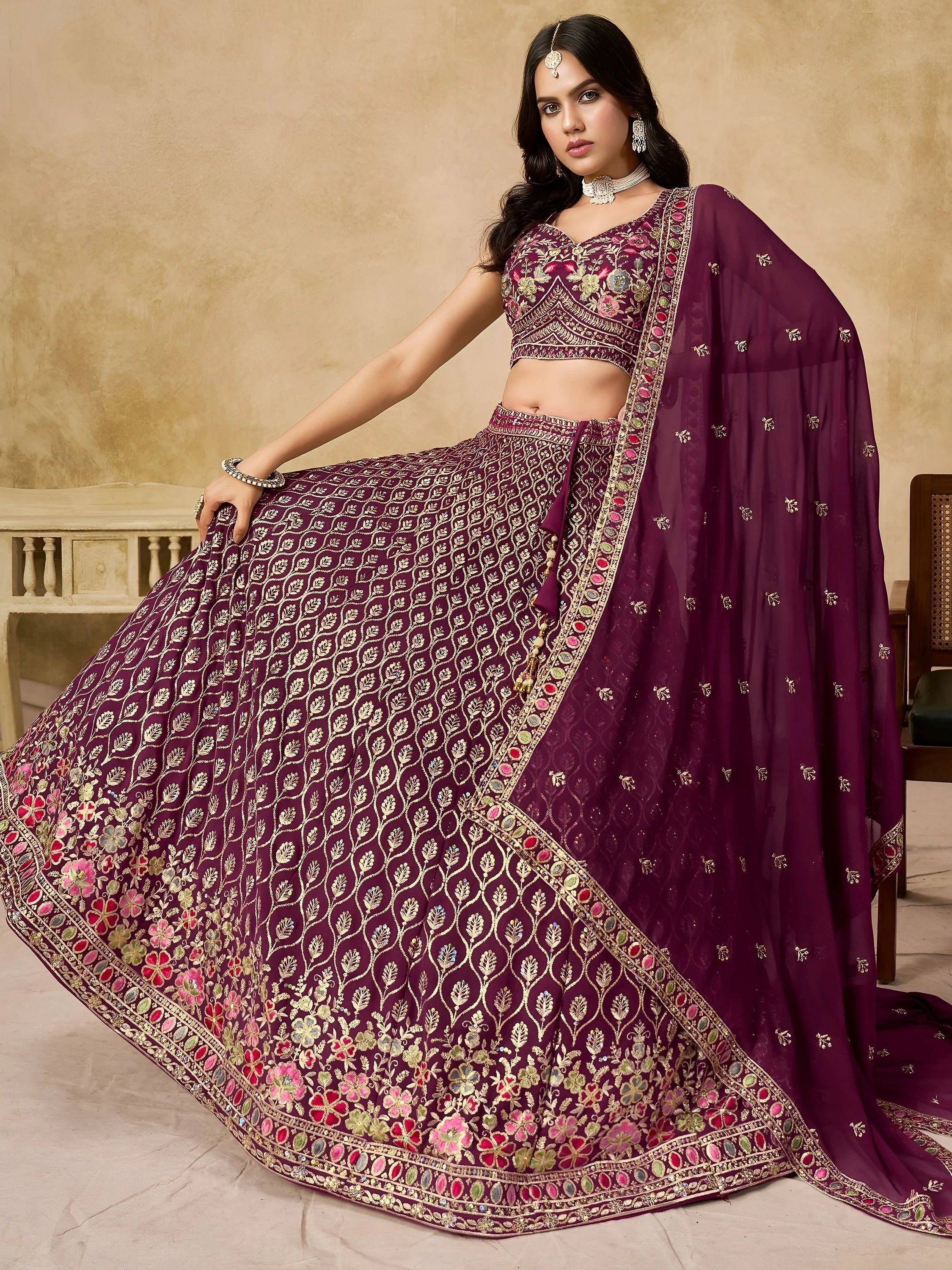 Maroon Timeless Zari Embroidered Georgette Mehendi Lehenga Choli for Ladies