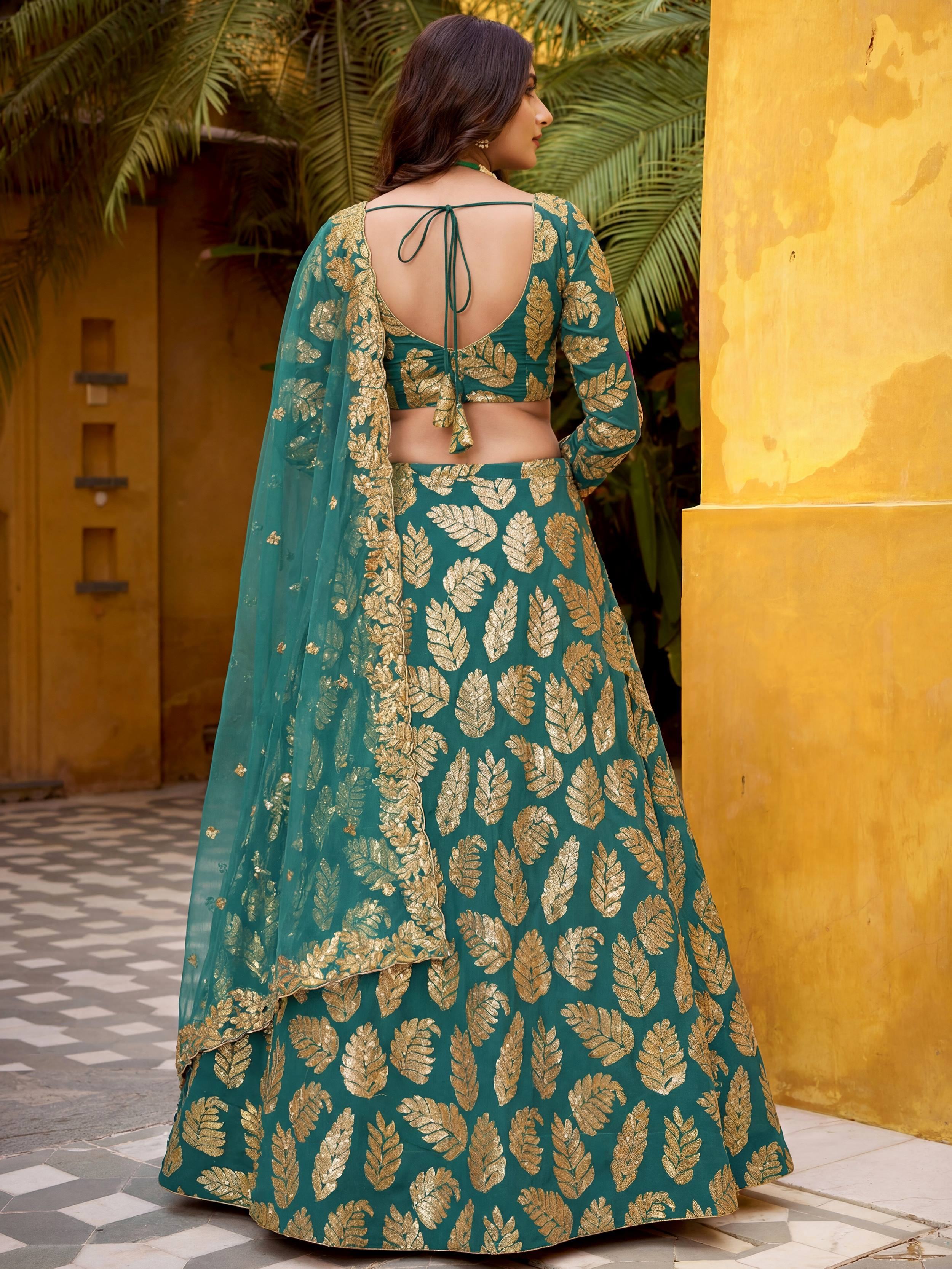 Green Embroidered Georgette Wedding Lehenga Choli for Women