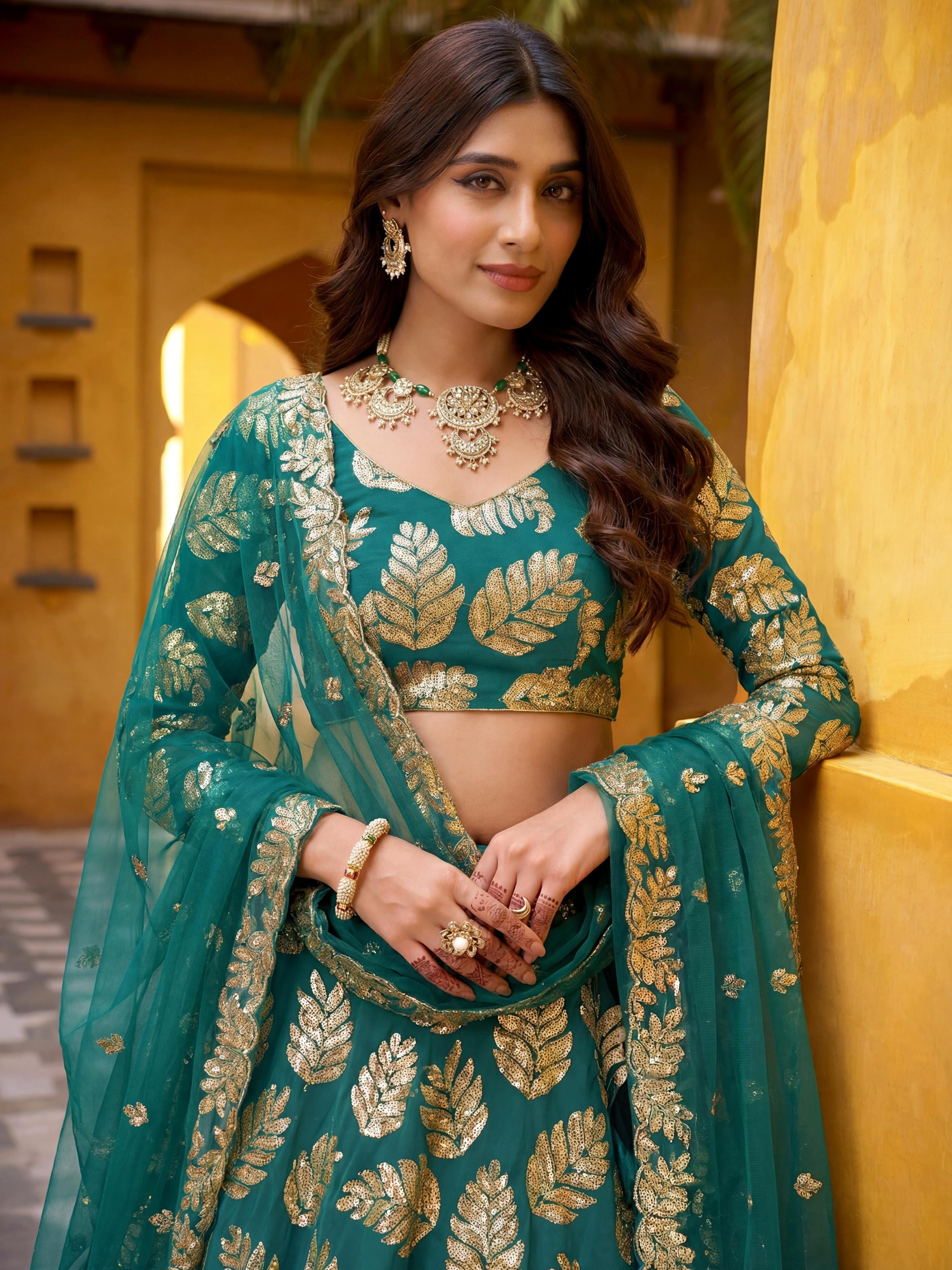 Green Embroidered Georgette Wedding Lehenga Choli for Women