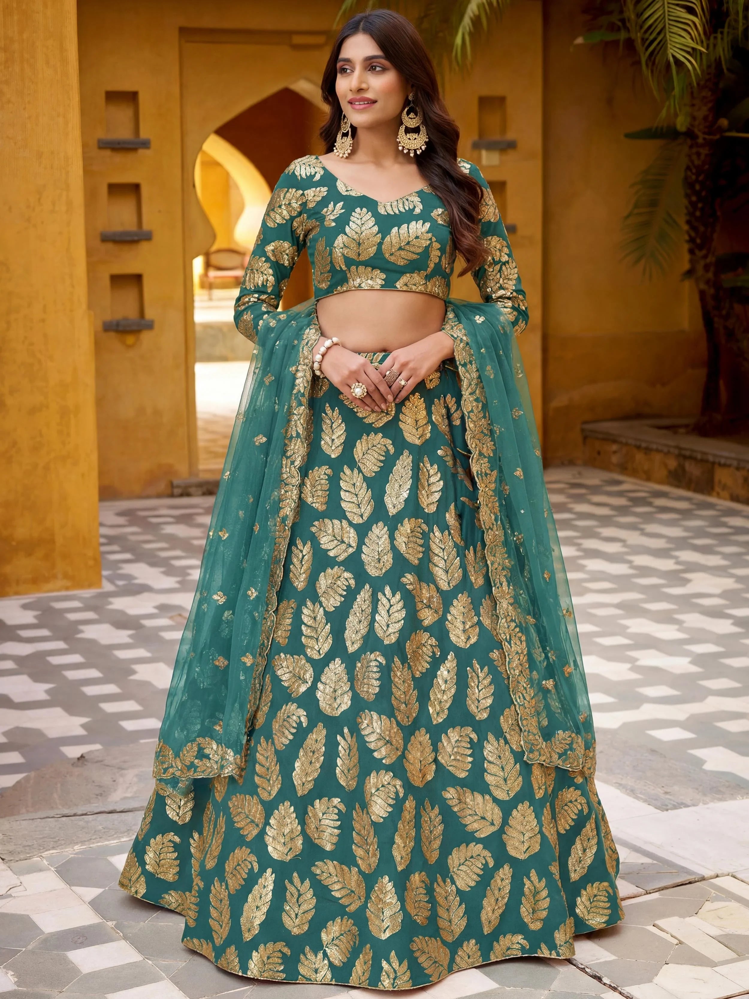Green Embroidered Georgette Wedding Lehenga Choli for Women