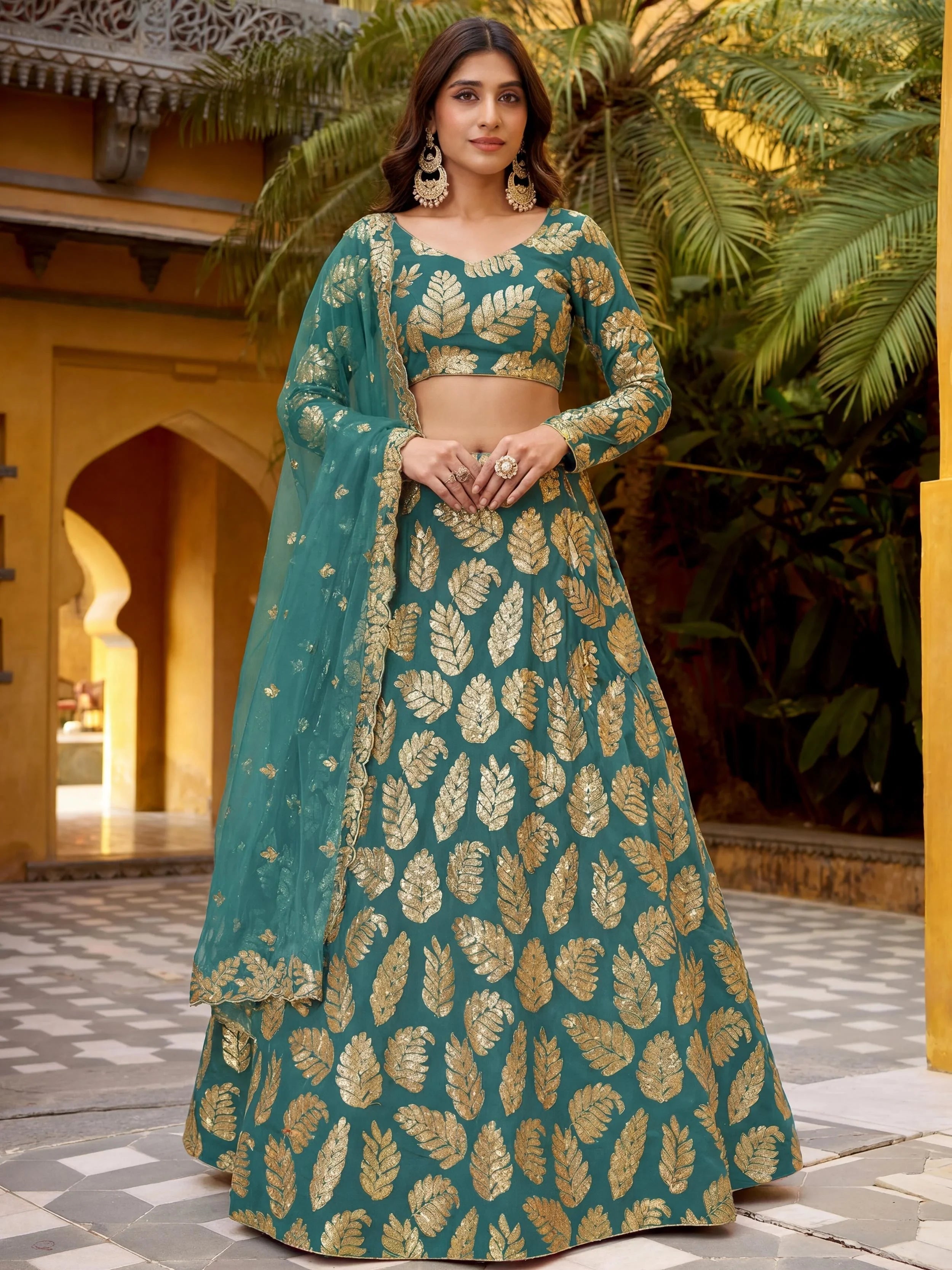 Green Embroidered Georgette Wedding Lehenga Choli for Women