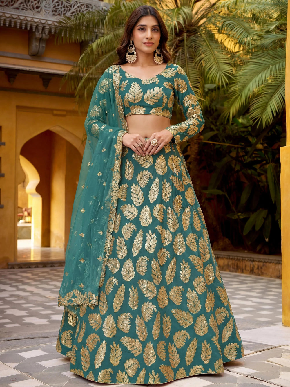 Green Embroidered Georgette Wedding Lehenga Choli for Women
