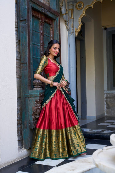 Red Tarika Narayan Pattu South Indian Lehenga Set