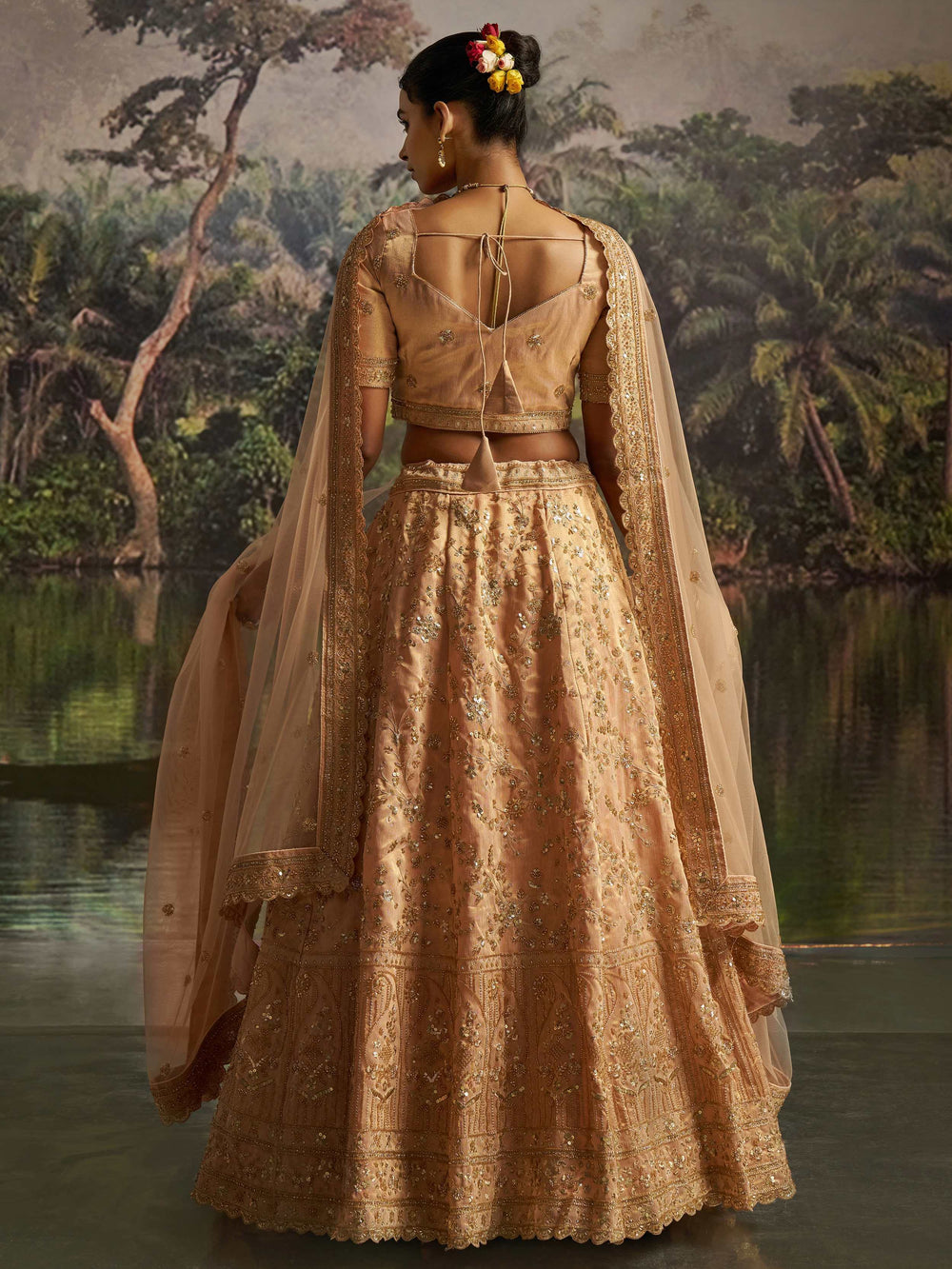 Peach Net Sequins Embroidered Traditional Lehenga Choli for Women