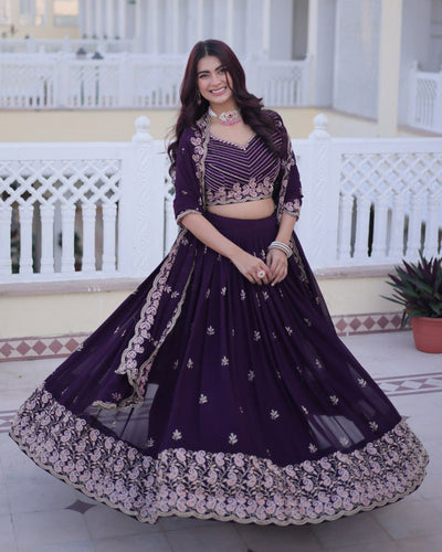 Royal Purple Georgette Embroidered Wedding Lehenga Choli for Women