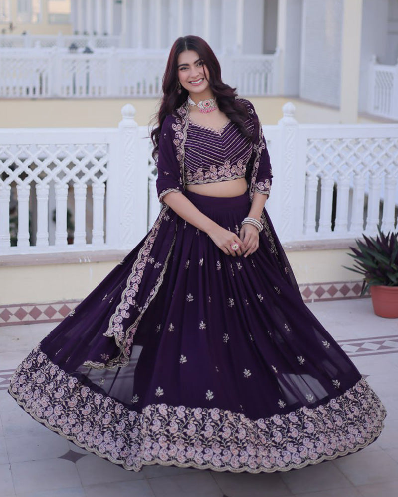 Royal Purple Georgette Embroidered Wedding Lehenga Choli for Women