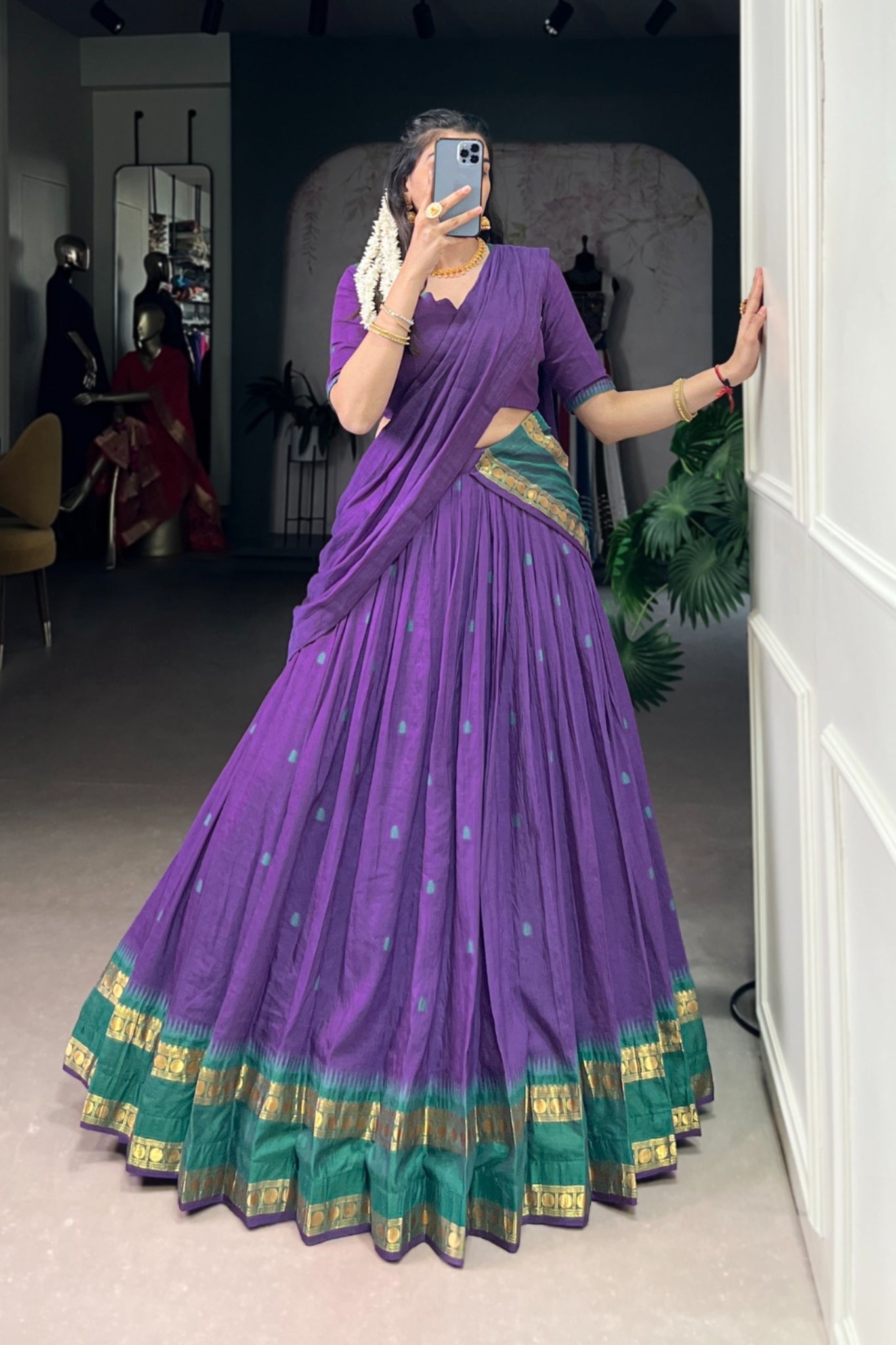Purple Pure Chanderi Zari Weaving Work South Indian Lehenga Choli