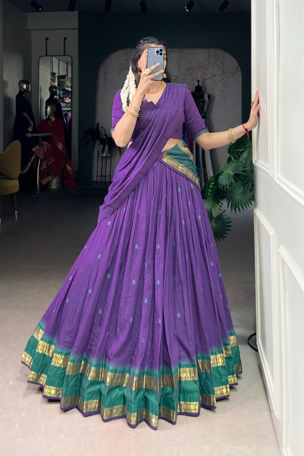 Purple Pure Chanderi Zari Weaving Work South Indian Lehenga Choli