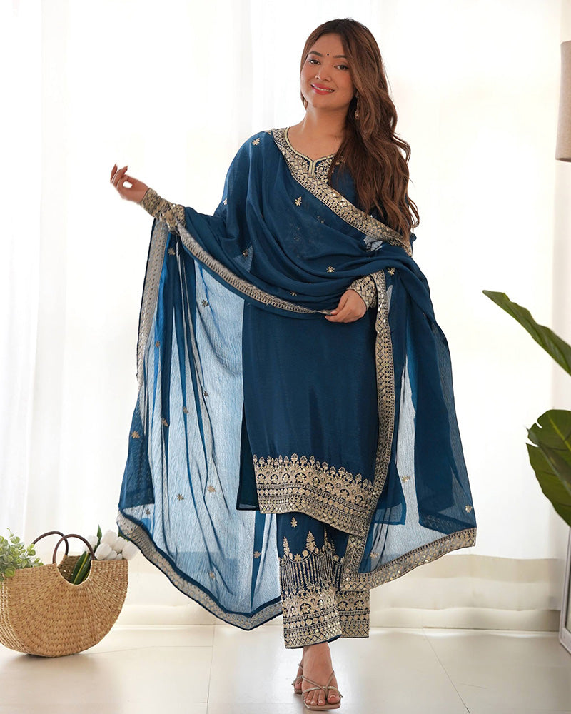 Morpich Chinon Silk Three Piece Festive Kurti Suit for Women