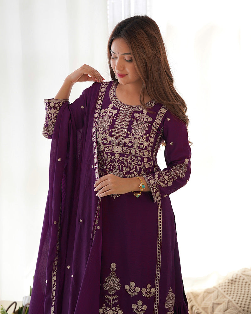Wine Chinon Embroidered Wedding Wear Sharara Suit for Women