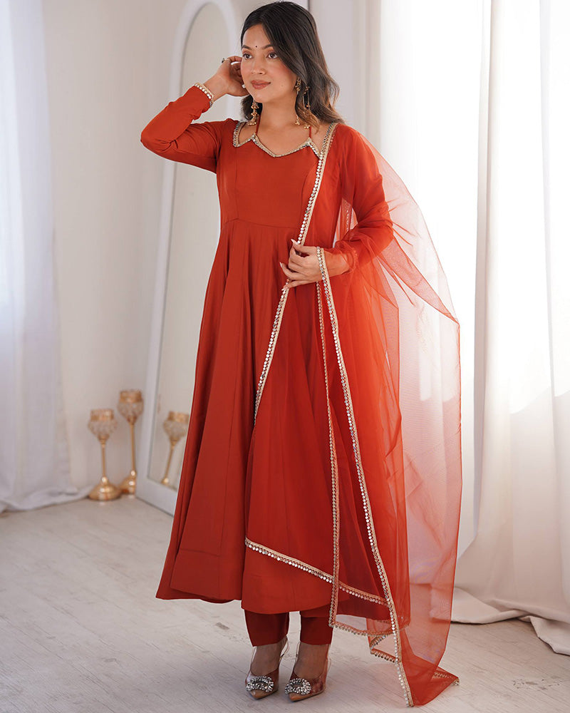 Rust Refined Chanderi Roman Silk Anarkali Suit for Women