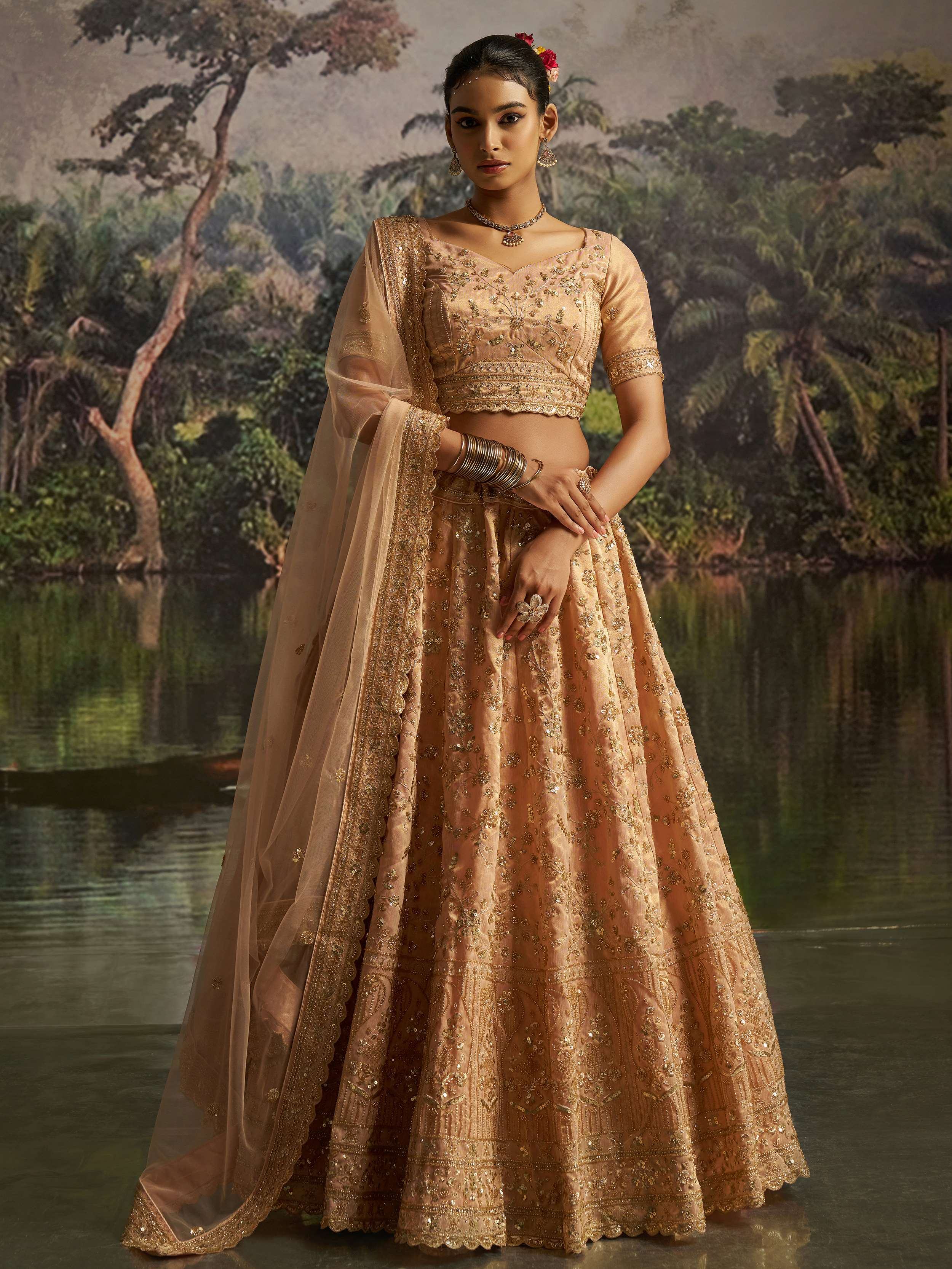 Peach Net Sequins Embroidered Traditional Lehenga Choli for Women